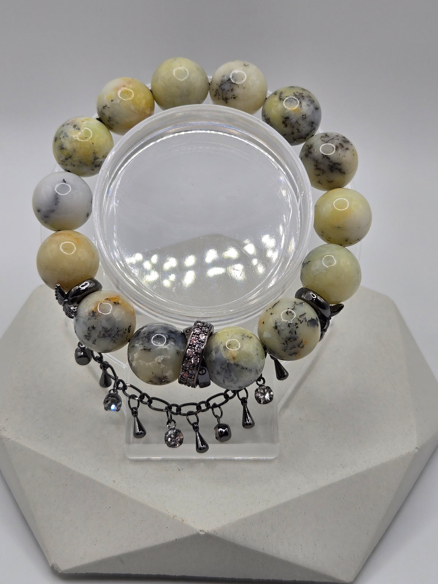 Dendritic Opal Stretch Bracelet with Pale Yellow and Black Tone Accents