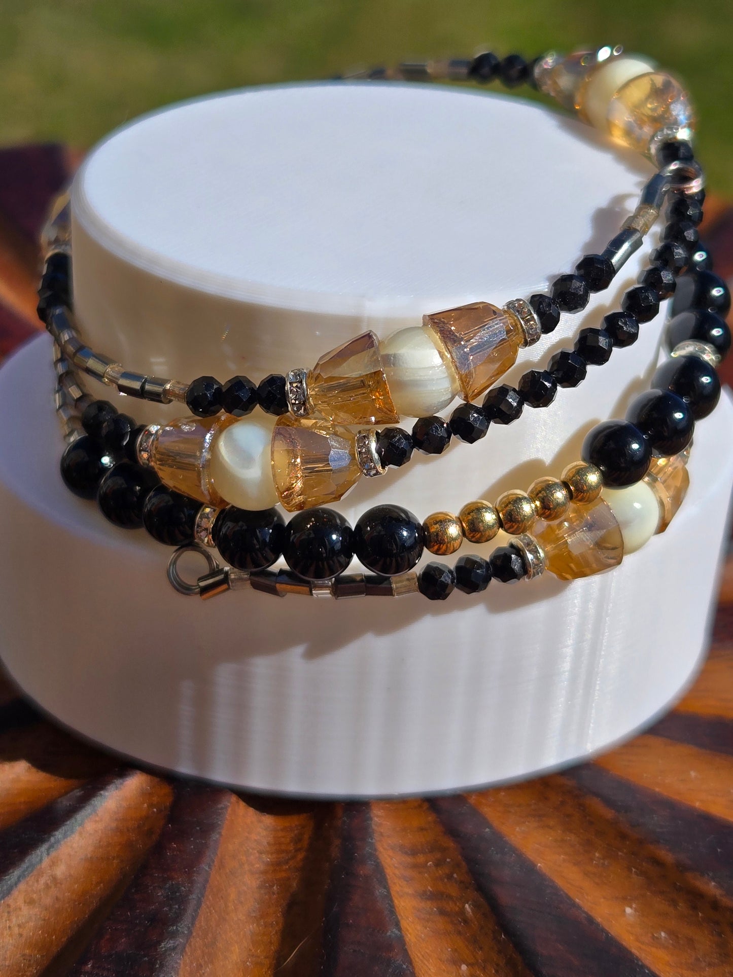 Butterfly Drusy, Shell, and Glass Necklace & Bracelet Set with Black Tourmaline Memory Wire Bracelet