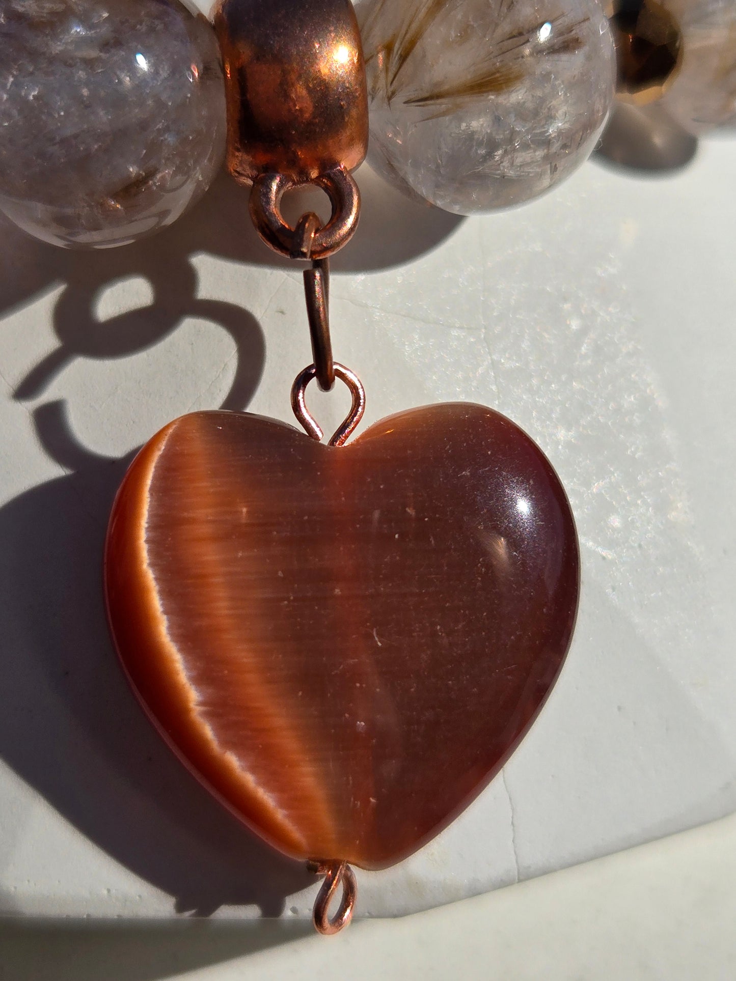 Copper Rutilated Quartz Bracelet with Copper Heart Dangle Charm