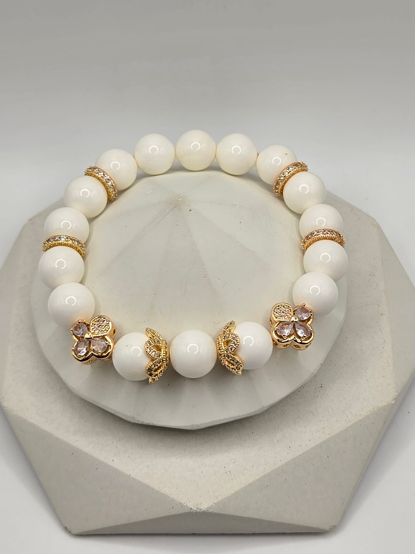Elegant Bracelet Stack: Aura Rose Quartz, White Tridacna & Rose Quartz with Gold-Tone Accents