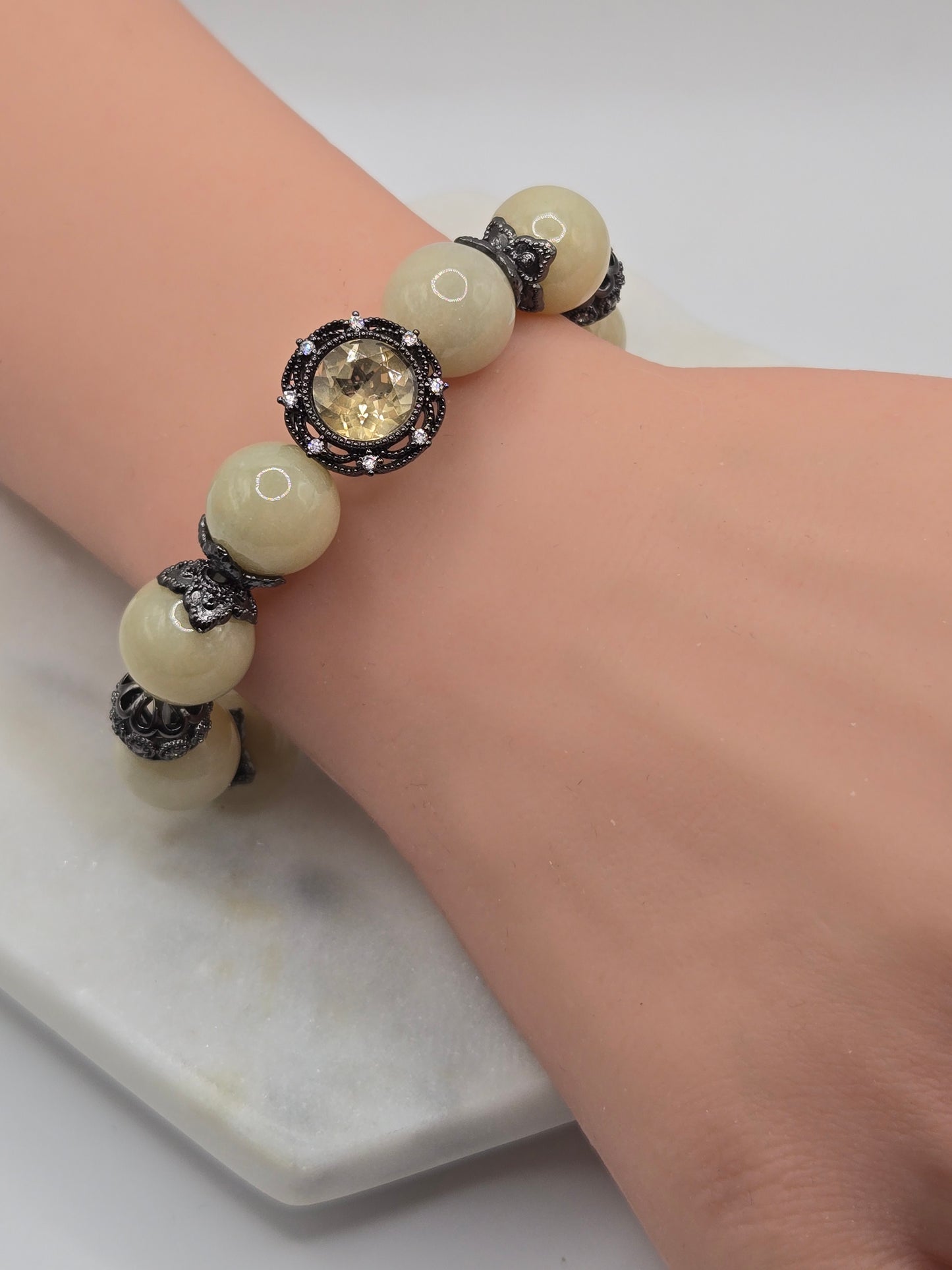 Cream Myanmar Jade Bracelet with Citrine