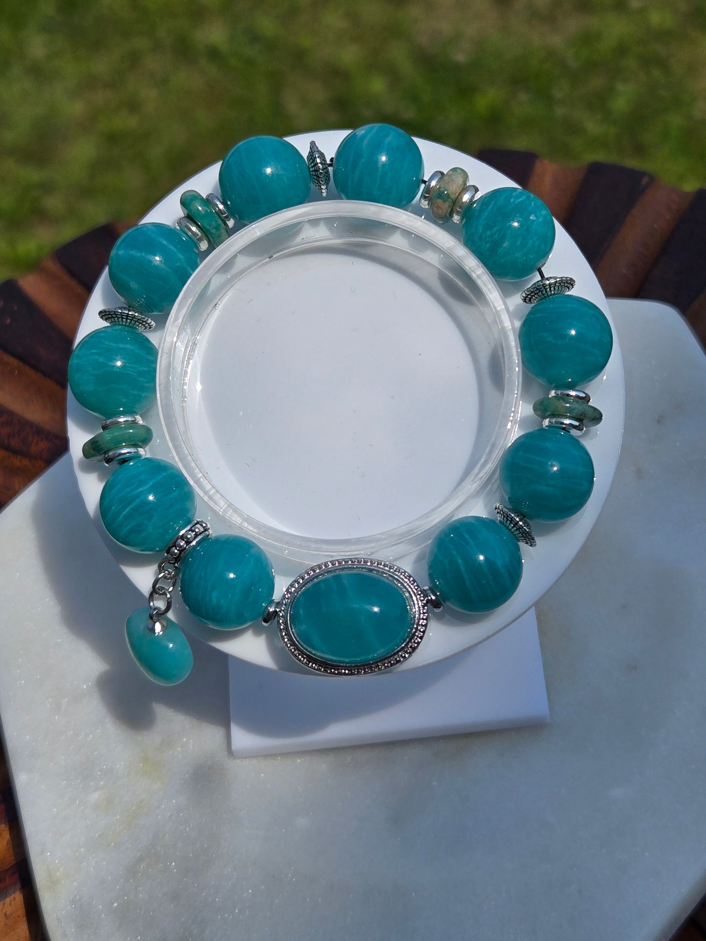 Amazonite Bracelet with Oval Charm and Heart Dangle