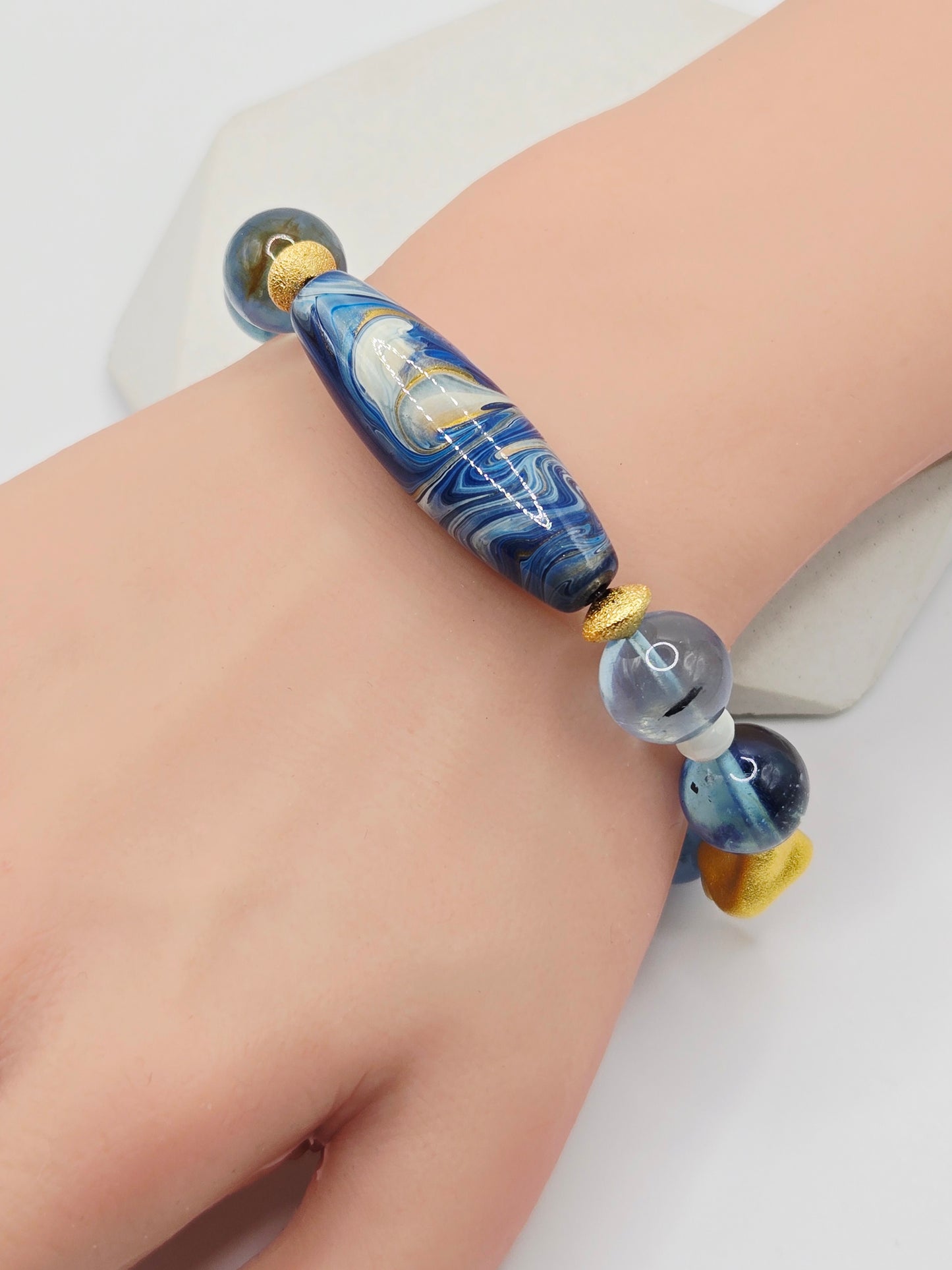 Aquamarine Bracelet with Daqi Barrel Focal Bead