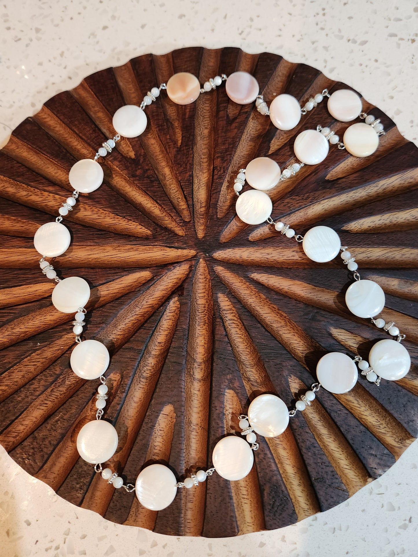 Long White Shell Necklace with Rhinestone Spacers