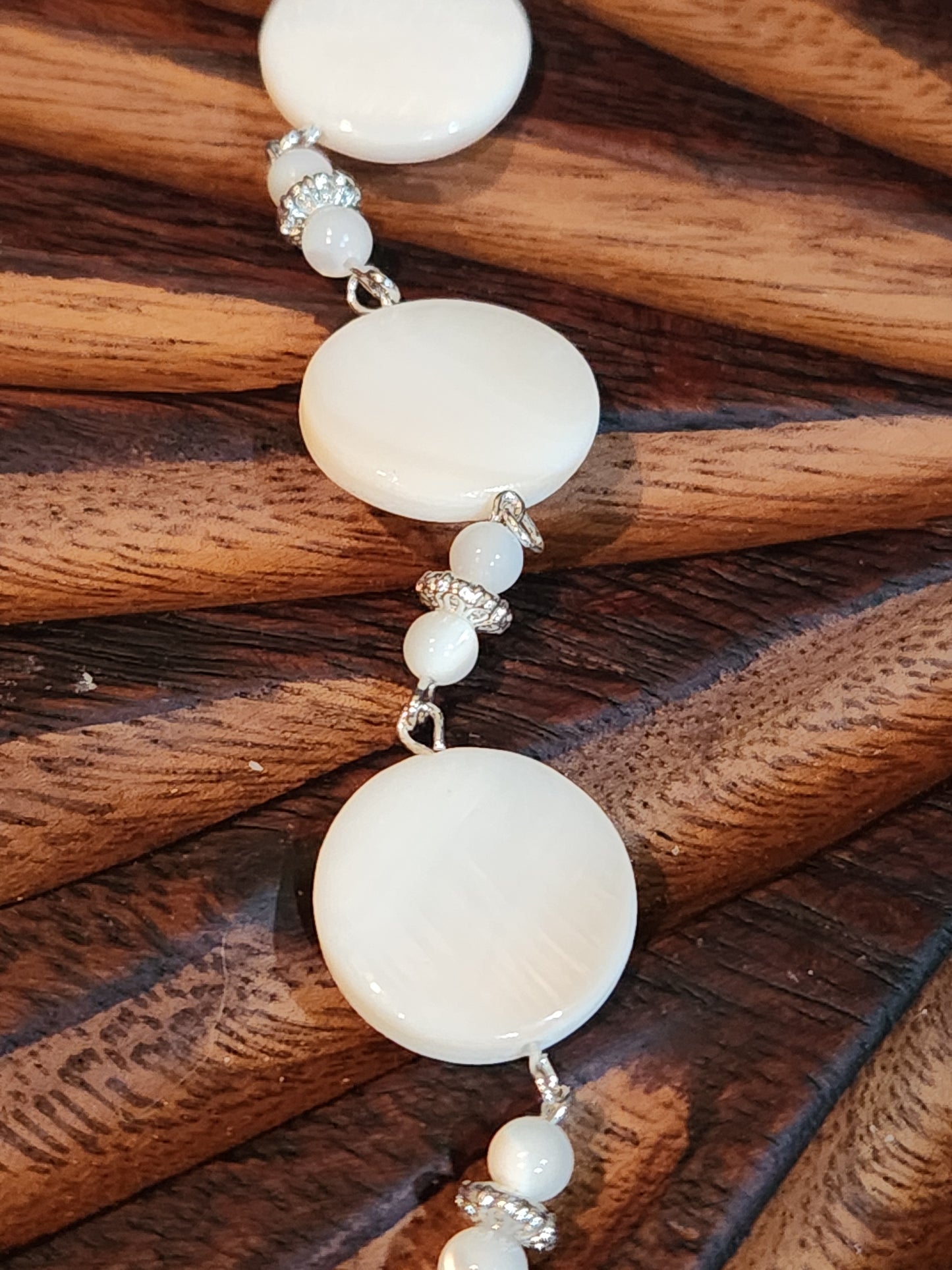 Long White Shell Necklace with Rhinestone Spacers