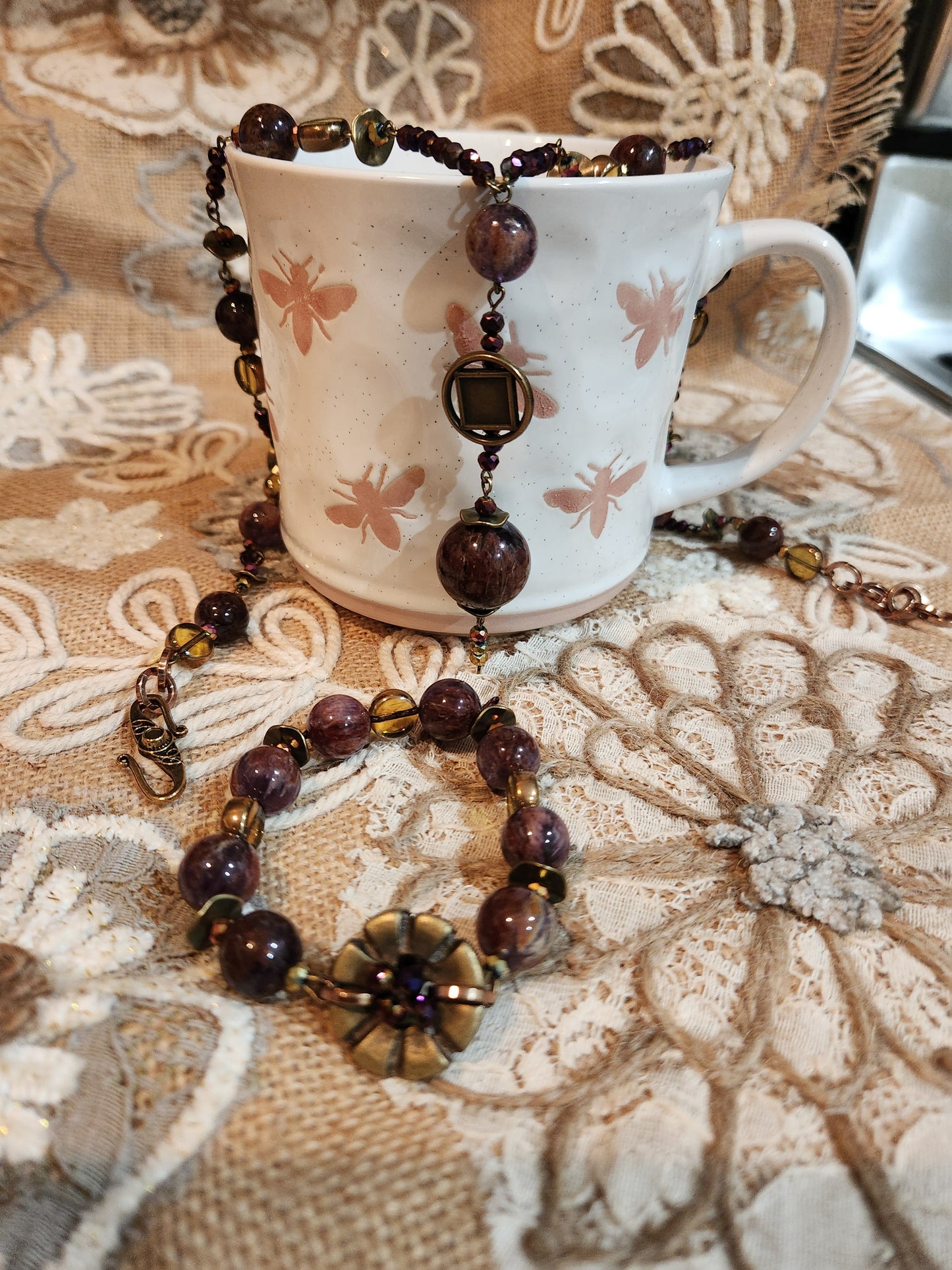 Purple Phantom Quartz and Vintage Buttons Necklace and Bracelet Set