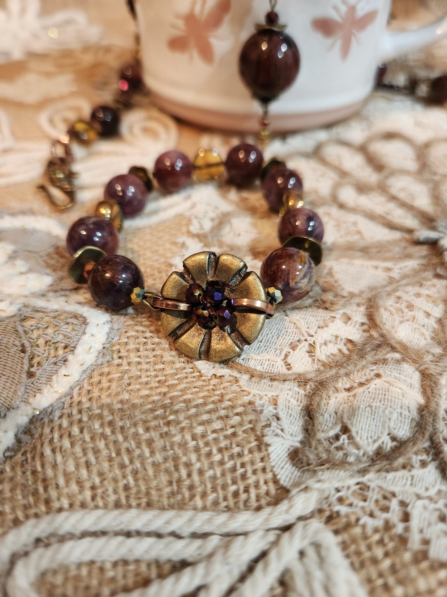 Purple Phantom Quartz and Vintage Buttons Necklace and Bracelet Set