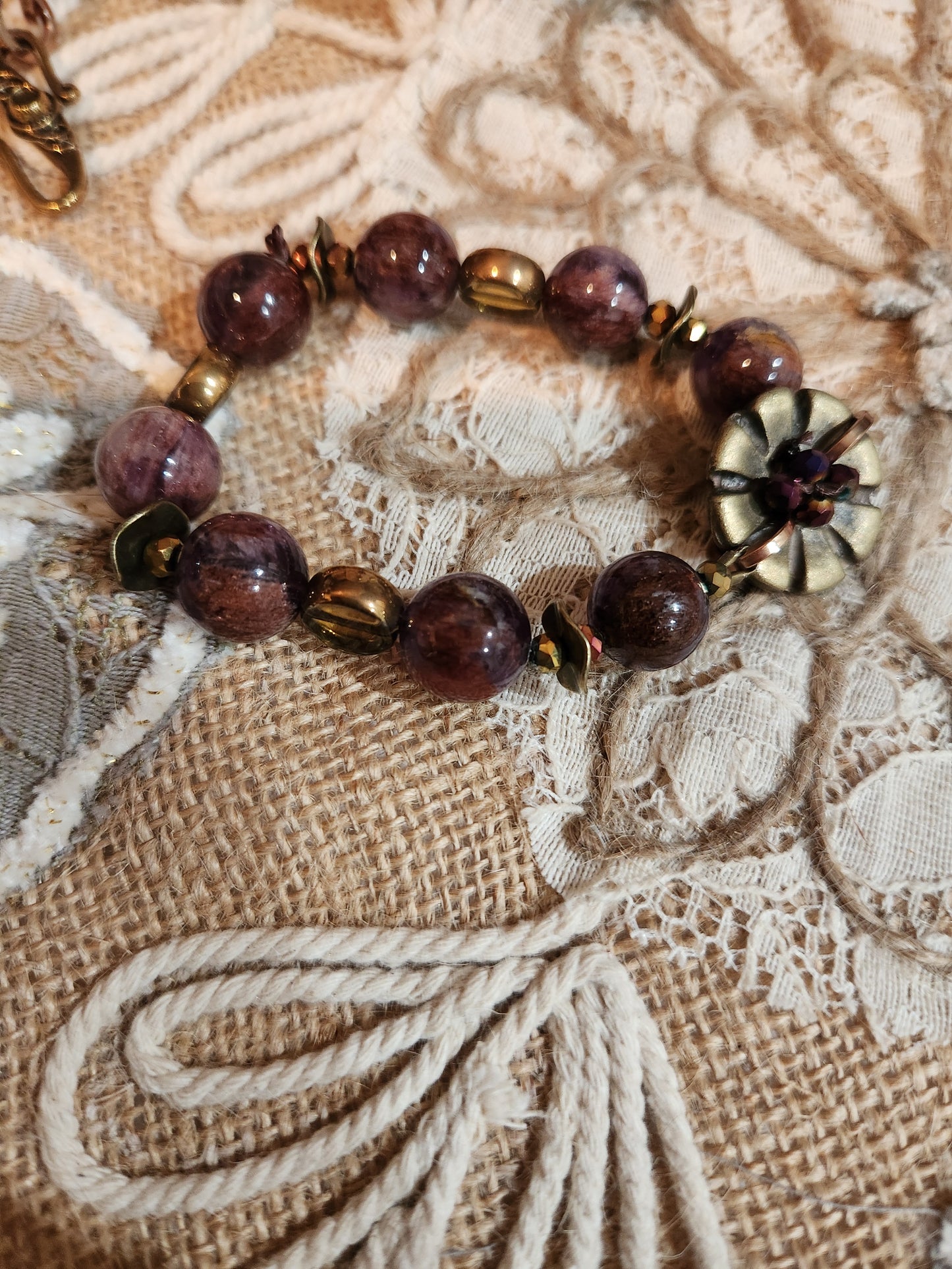 Purple Phantom Quartz and Vintage Buttons Necklace and Bracelet Set