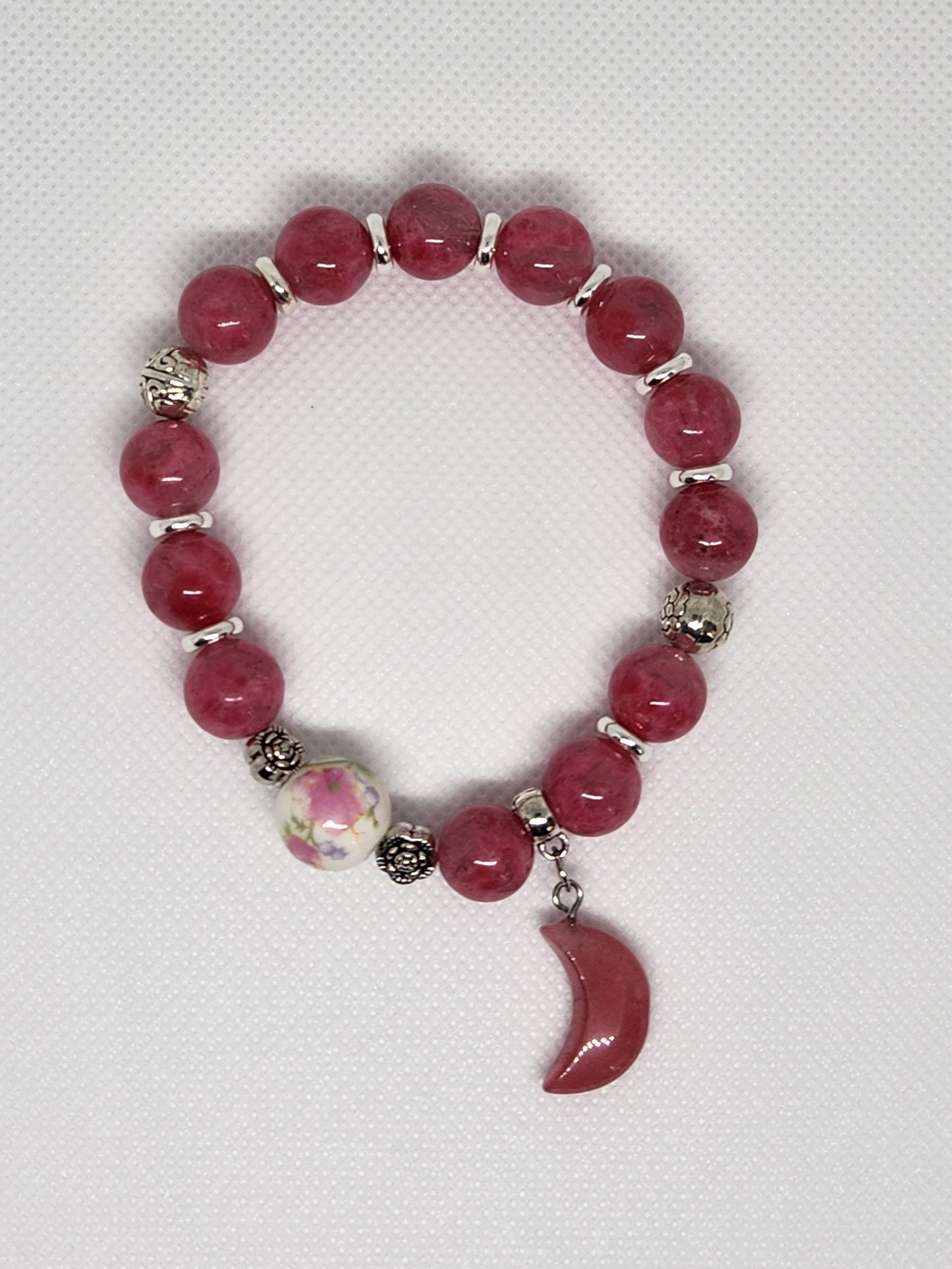 Handcrafted Rhodonite Bracelet with Ceramic Floral Bead
