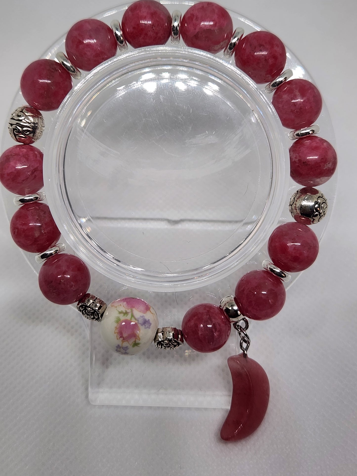 Handcrafted Rhodonite Bracelet with Ceramic Floral Bead