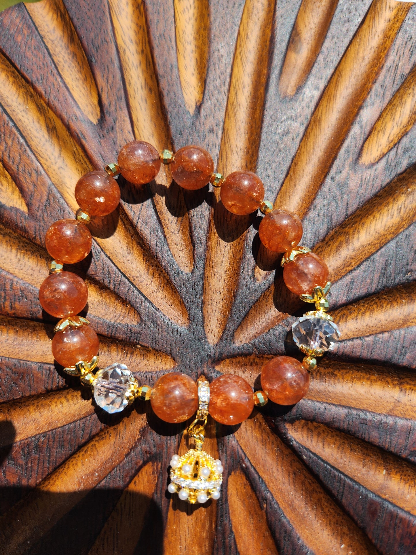 Orange Strawberry Quartz Bracelet with Fancy Dangle Charm and Gold-Tone Accents