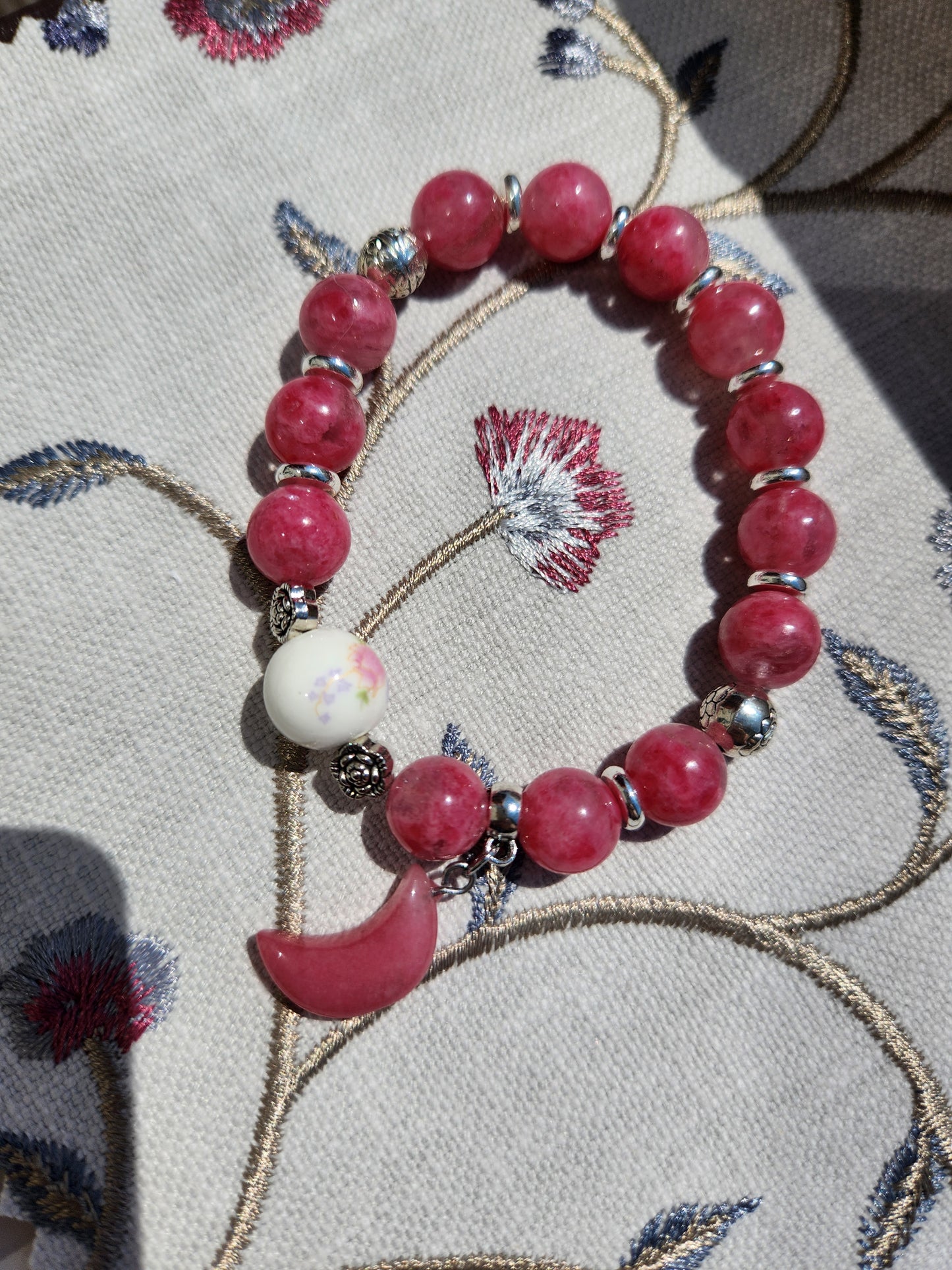 Handcrafted Rhodonite Bracelet with Ceramic Floral Bead