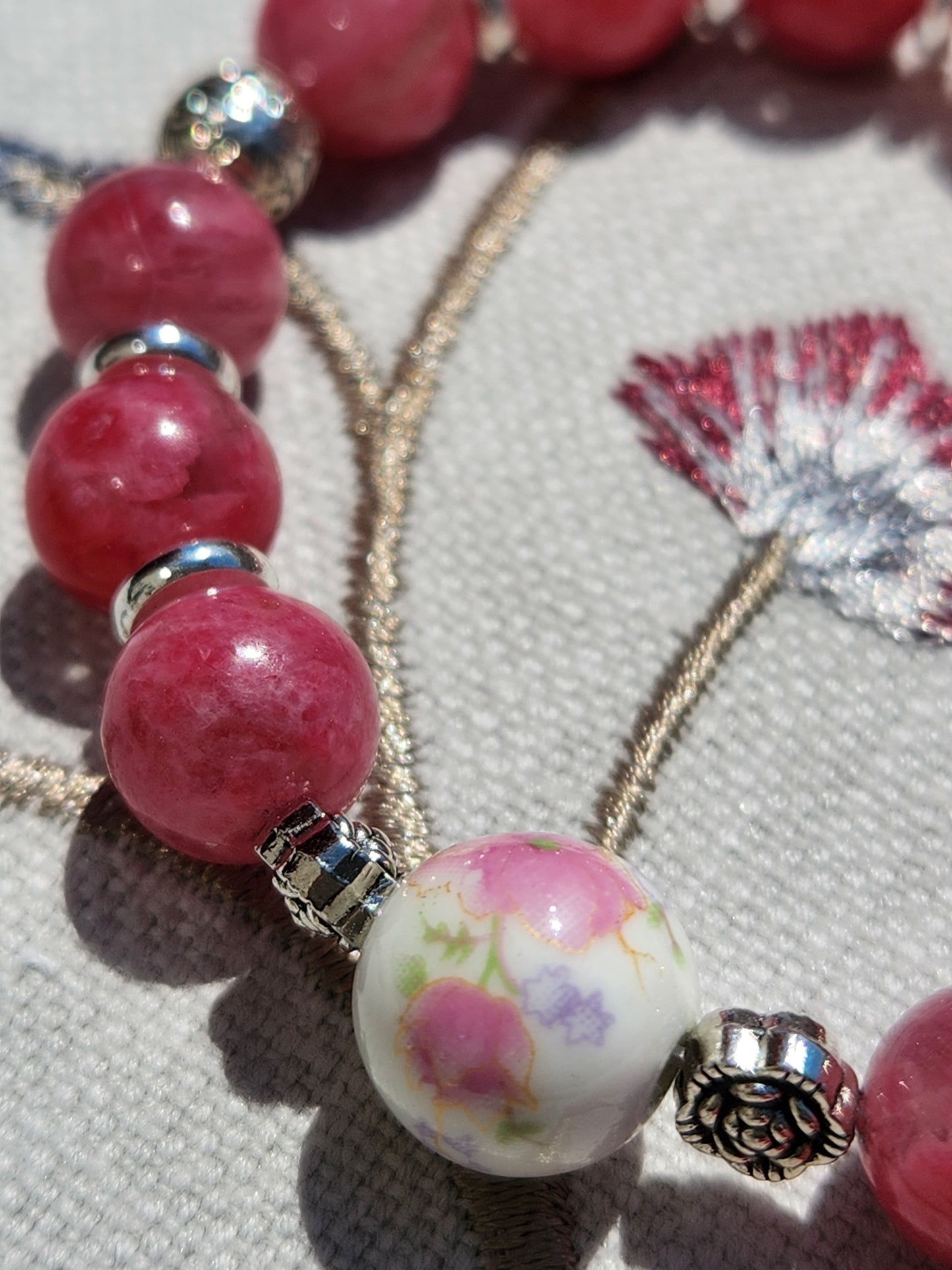 Handcrafted Rhodonite Bracelet with Ceramic Floral Bead