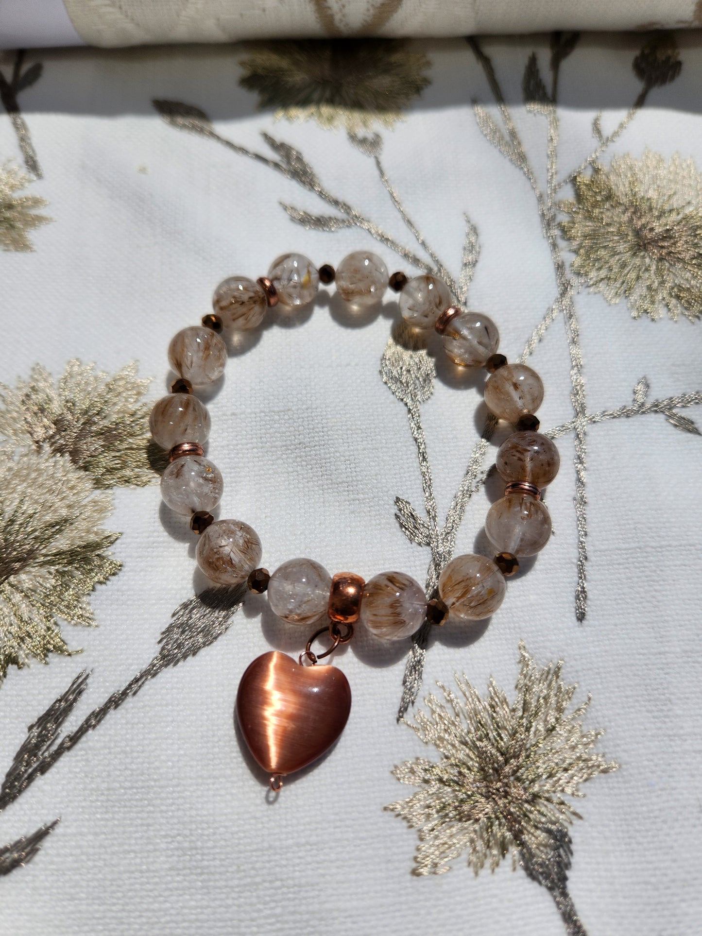 Copper Rutilated Quartz Bracelet with Copper Heart Dangle Charm