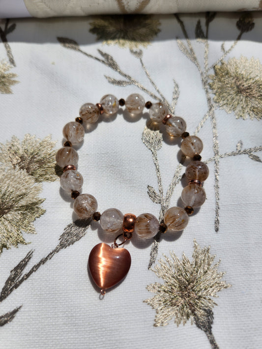 Copper Rutilated Quartz Bracelet with Copper Heart Dangle Charm