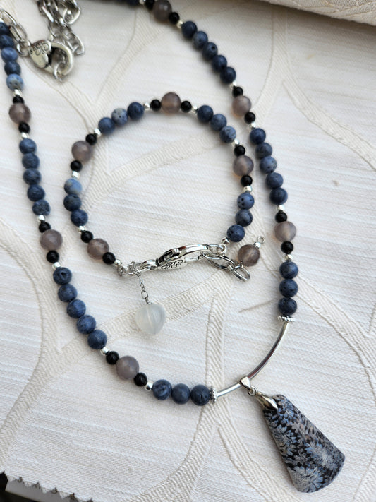 Blue Coral Jade Necklace and Bracelet Set