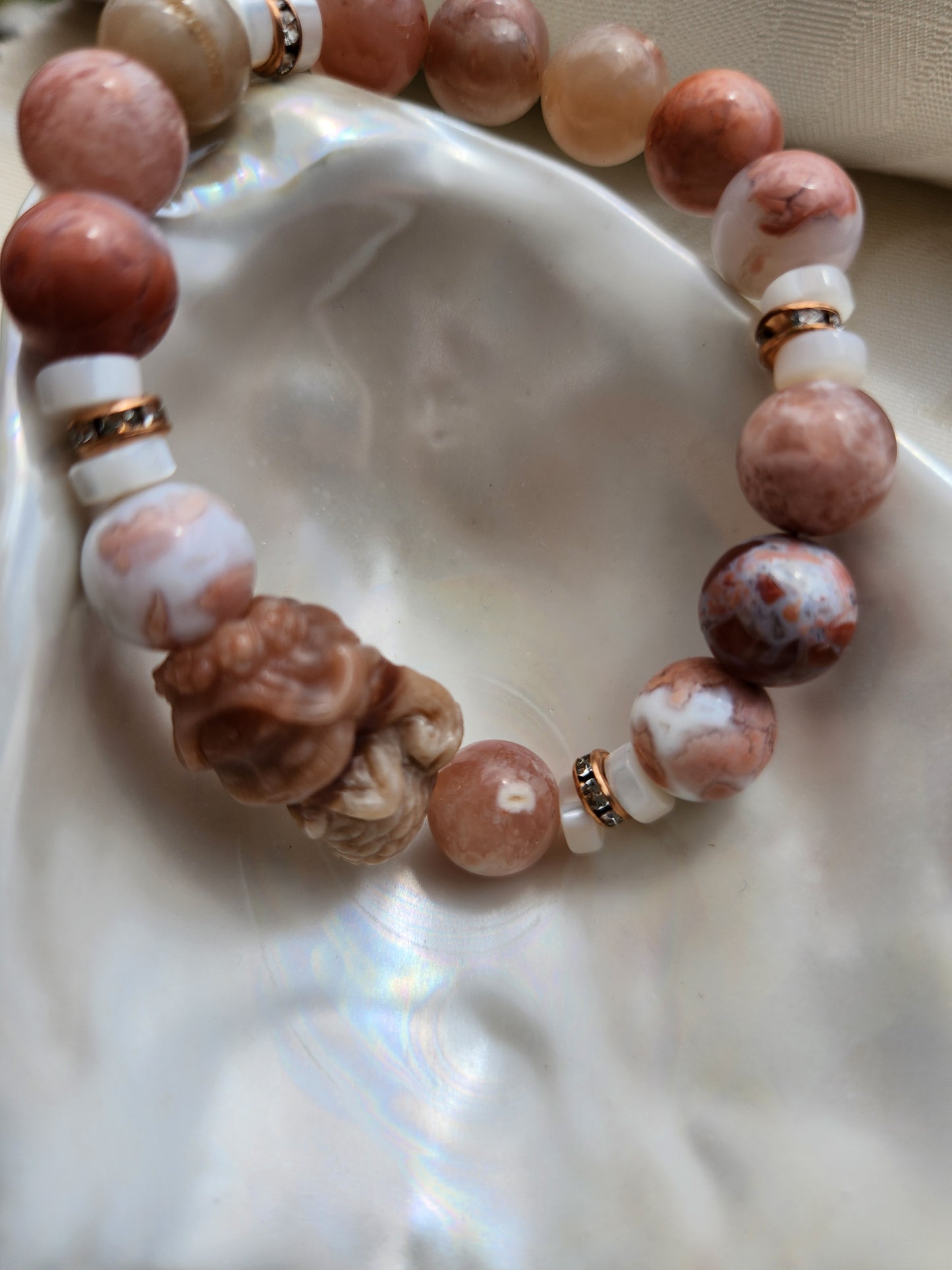 Cotton Candy Agate and White Shell bracelet with Alashan Mermaid Charm