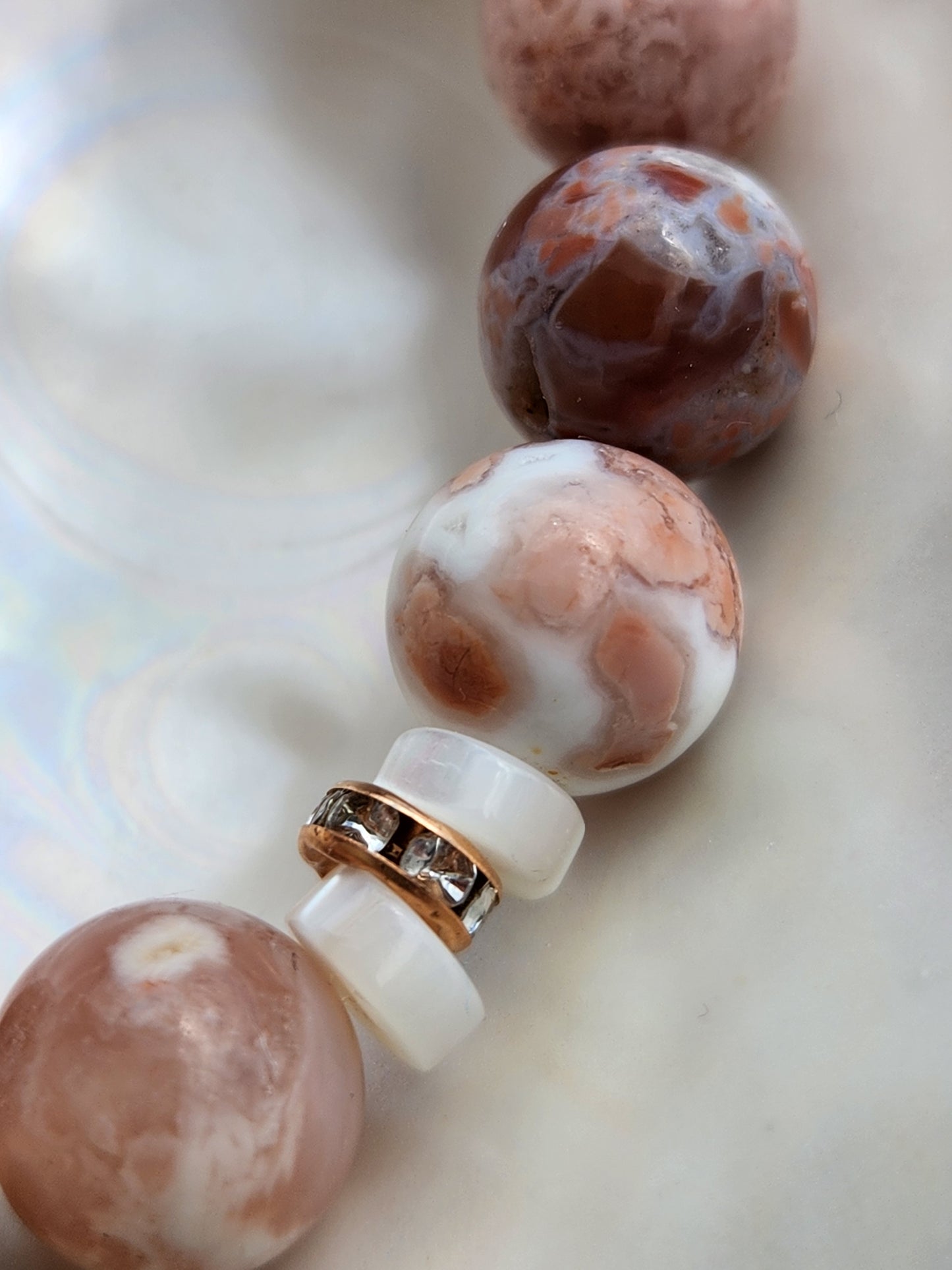 Cotton Candy Agate and White Shell bracelet with Alashan Mermaid Charm