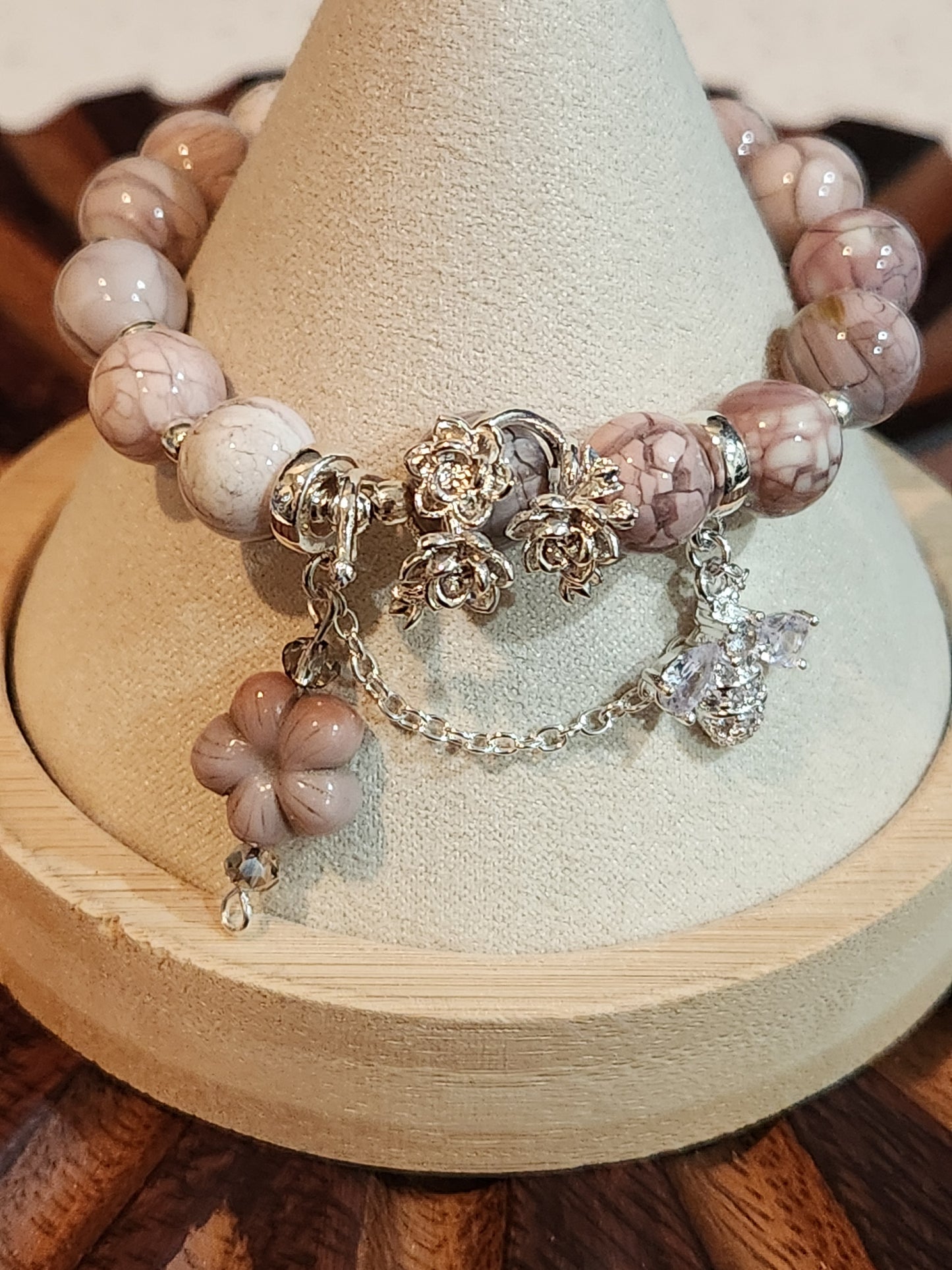 Pink Crackle Alashan Bracelet with Flower Charm Accents and Dangle Alashan Flower Charm