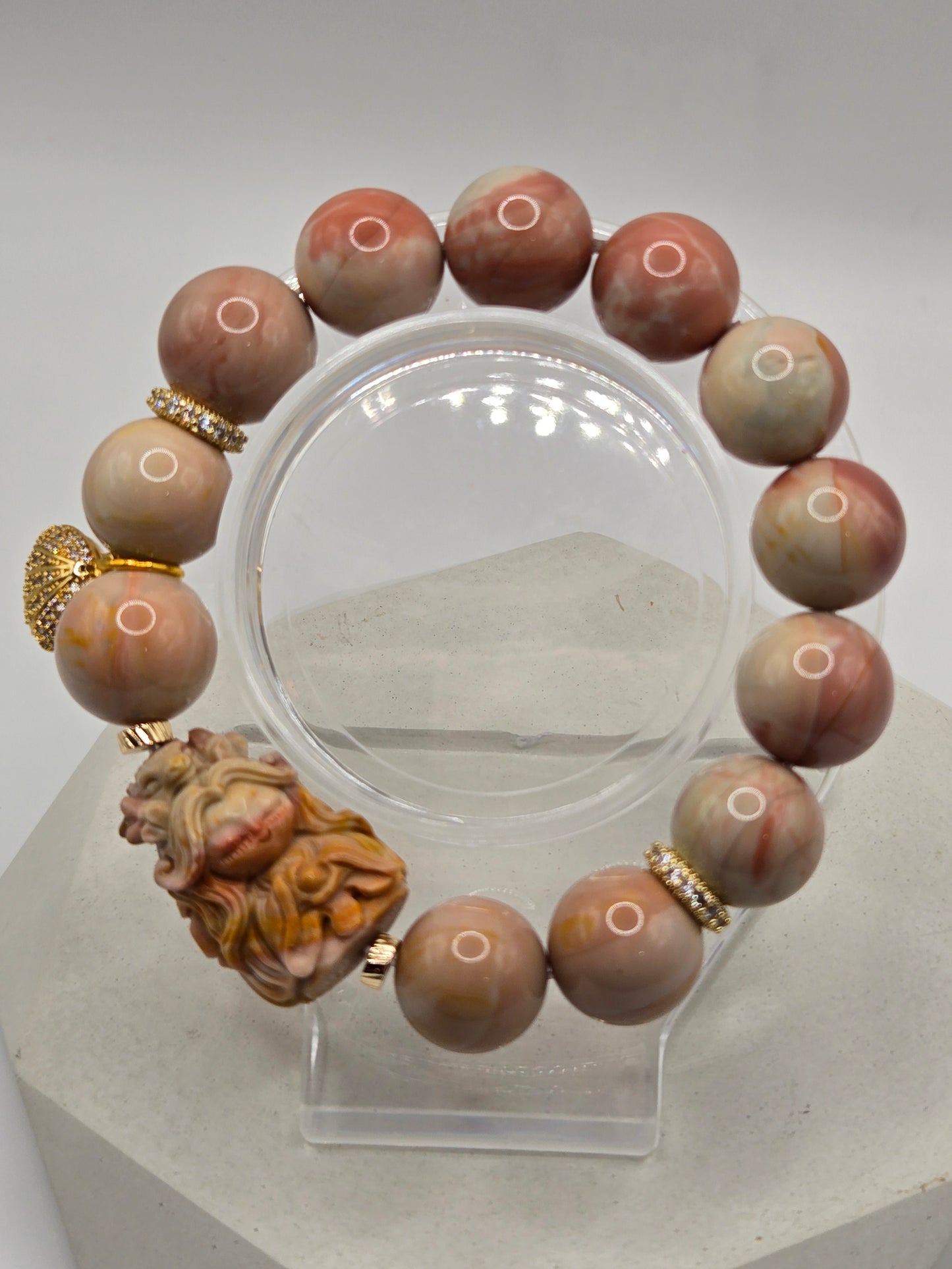 Exquisite Alashan Bracelet - Marbled Pink with Intricate Dragon Girl Carving