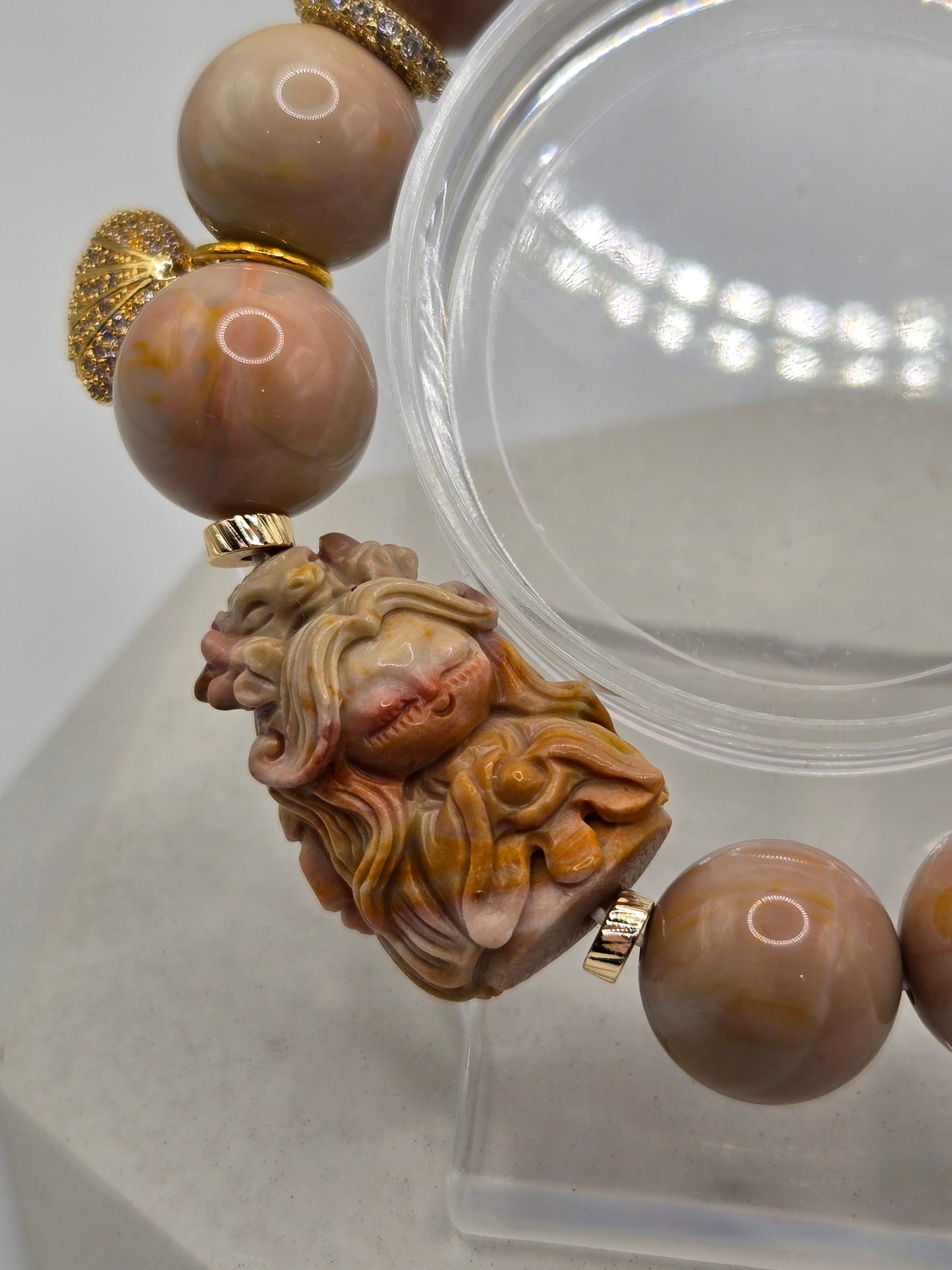 Exquisite Alashan Bracelet - Marbled Pink with Intricate Dragon Girl Carving