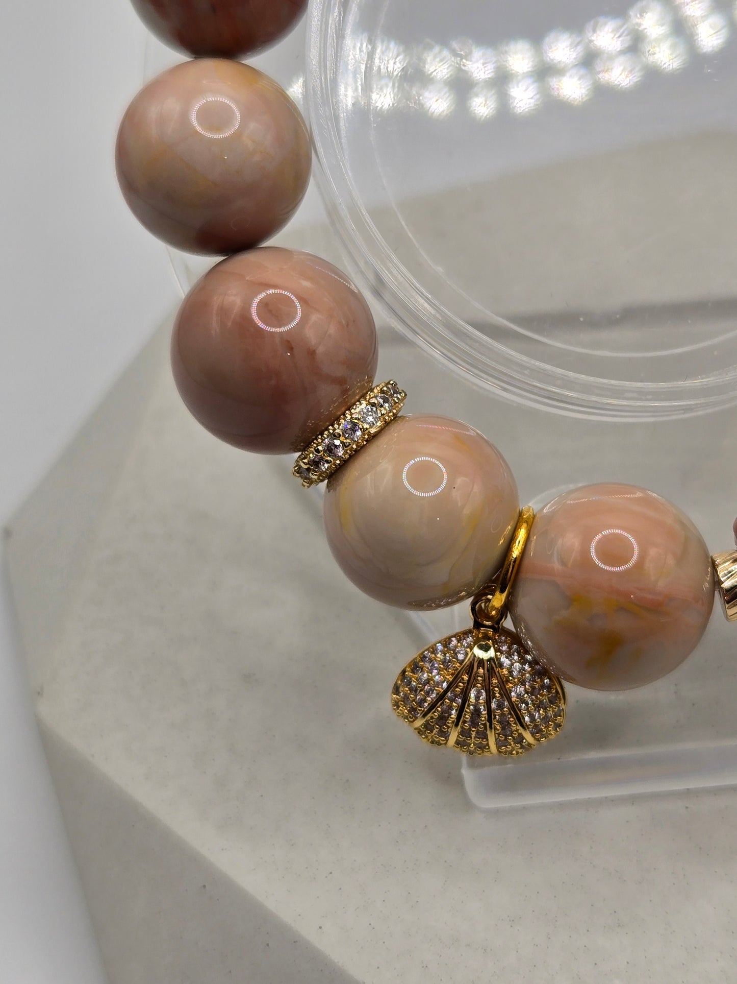Exquisite Alashan Bracelet - Marbled Pink with Intricate Dragon Girl Carving