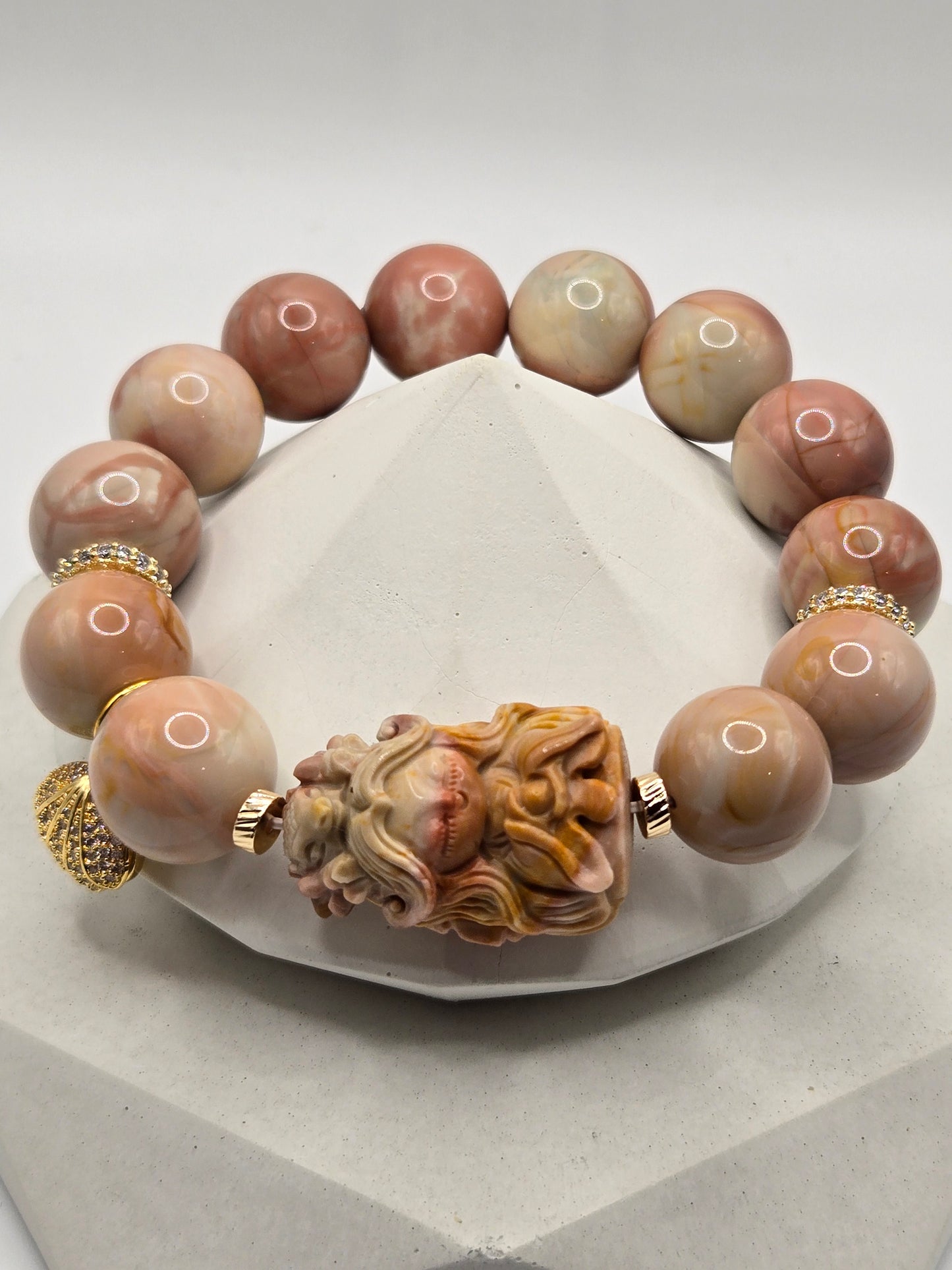 Exquisite Alashan Bracelet - Marbled Pink with Intricate Dragon Girl Carving