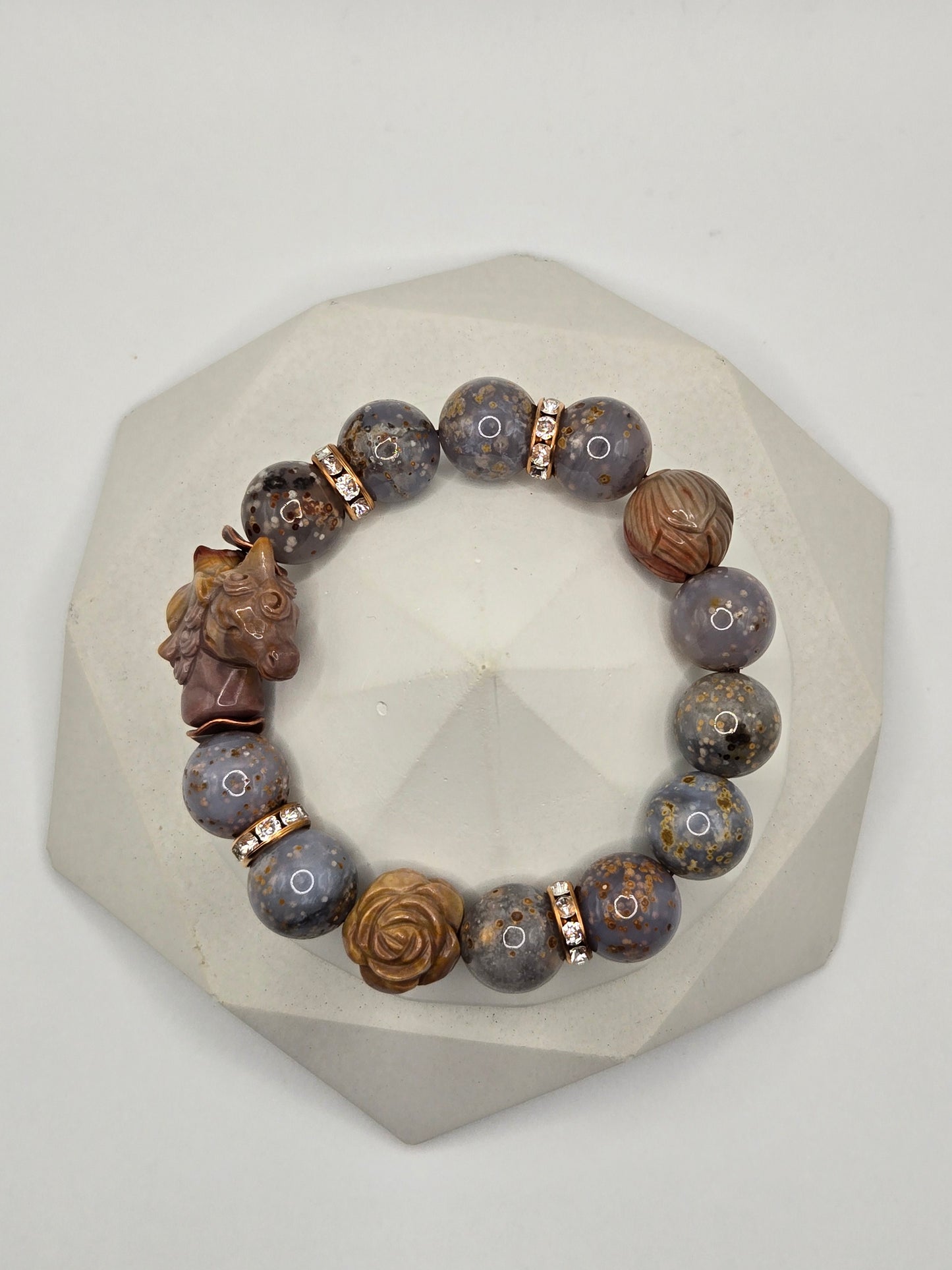 Galaxy Agate Bracelet with Alashan Carved Beads & Unicorn Feature Bead