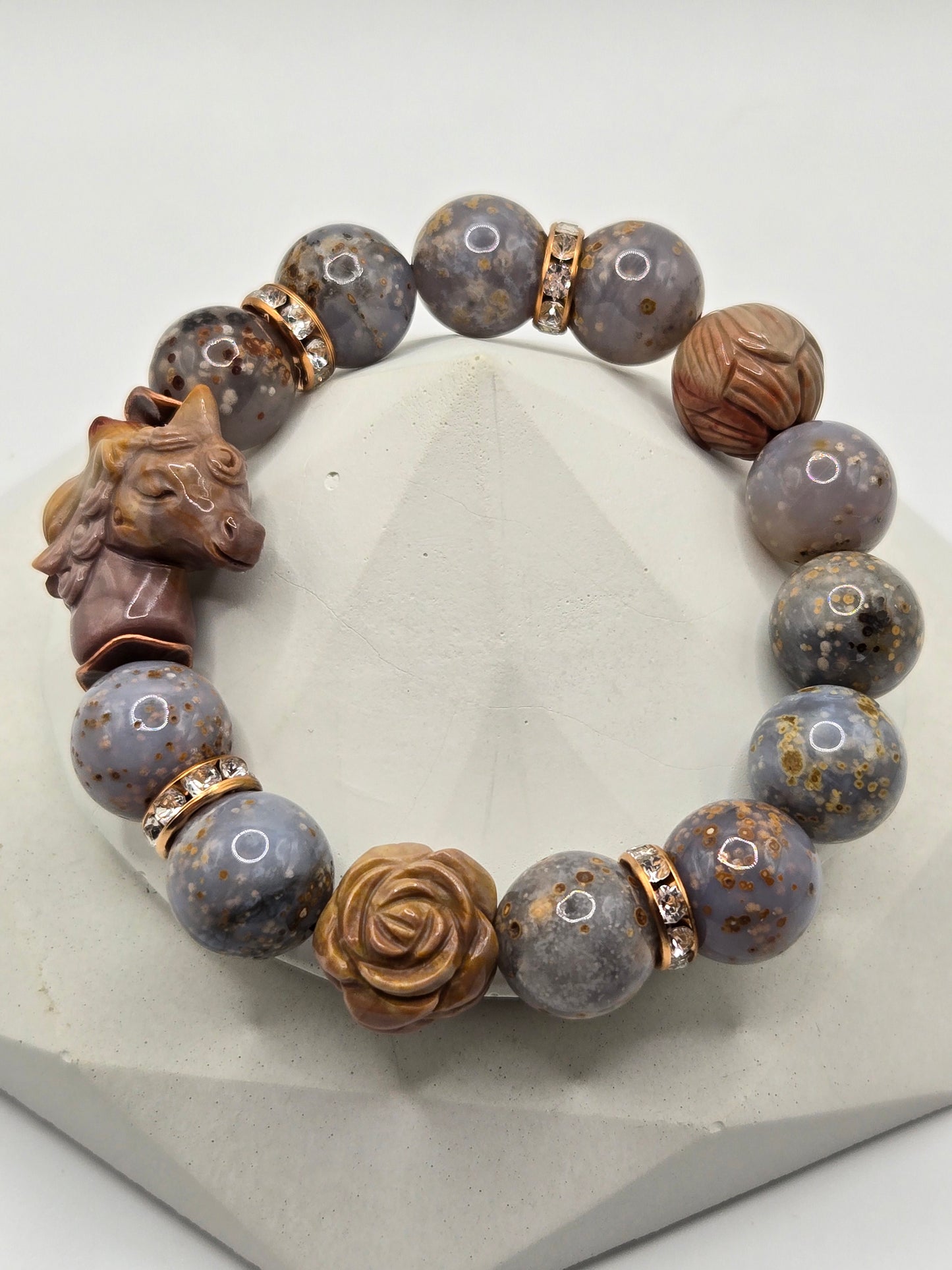 Galaxy Agate Bracelet with Alashan Carved Beads & Unicorn Feature Bead