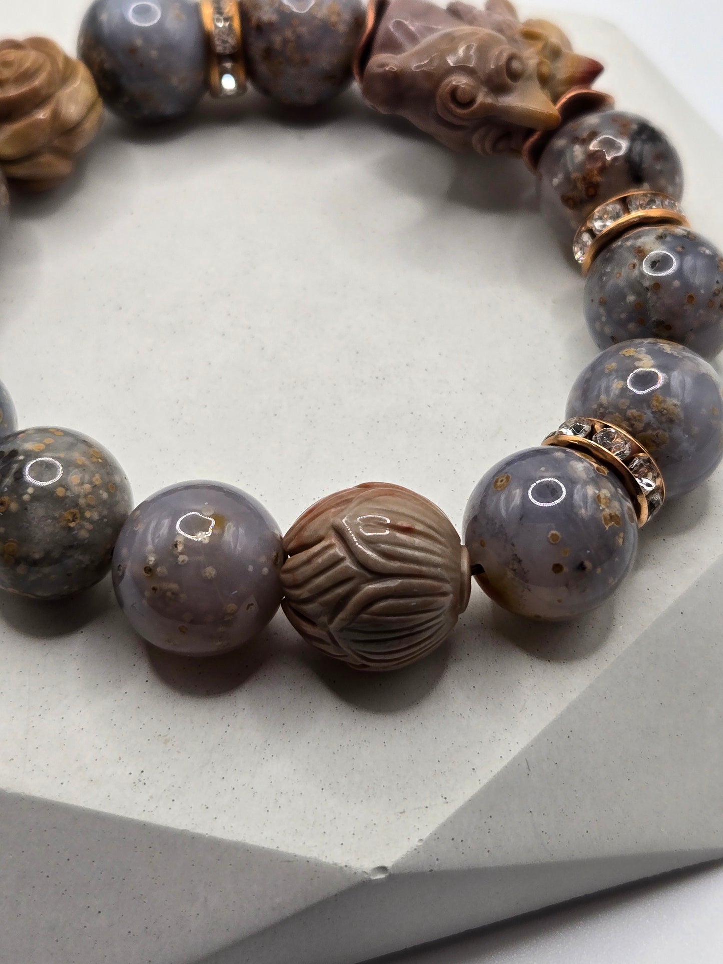 Galaxy Agate Bracelet with Alashan Carved Beads & Unicorn Feature Bead