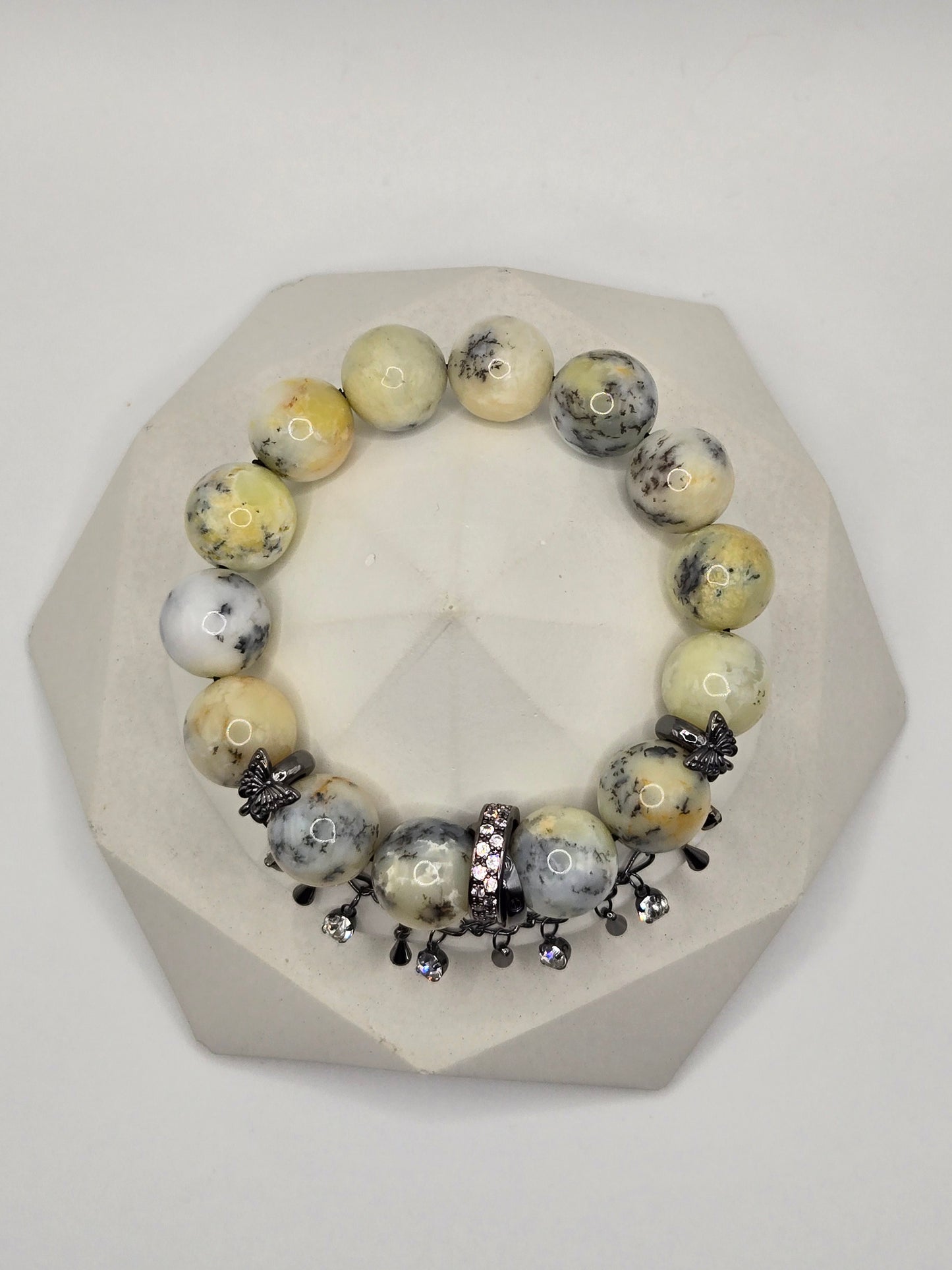 Dendritic Opal Stretch Bracelet with Pale Yellow and Black Tone Accents