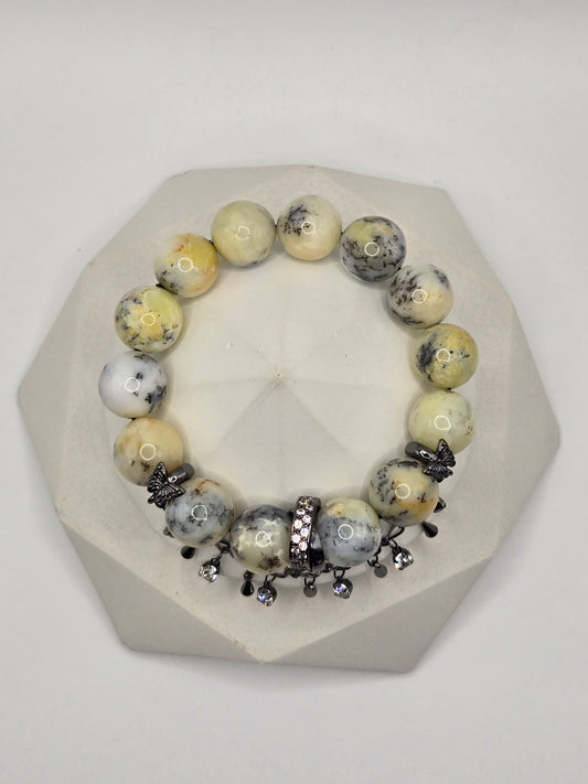 Dendritic Opal Stretch Bracelet with Pale Yellow and Black Tone Accents