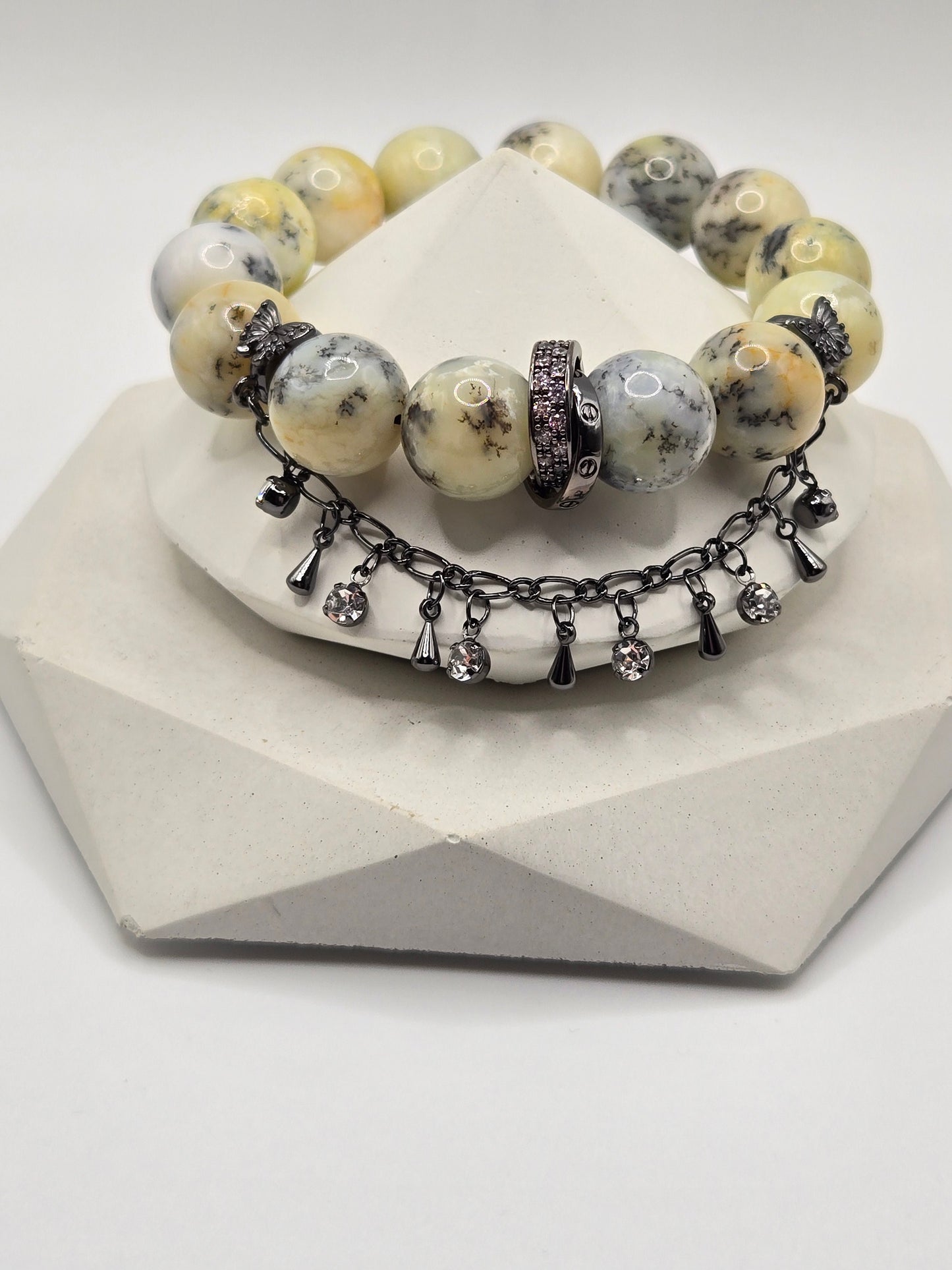 Dendritic Opal Stretch Bracelet with Pale Yellow and Black Tone Accents