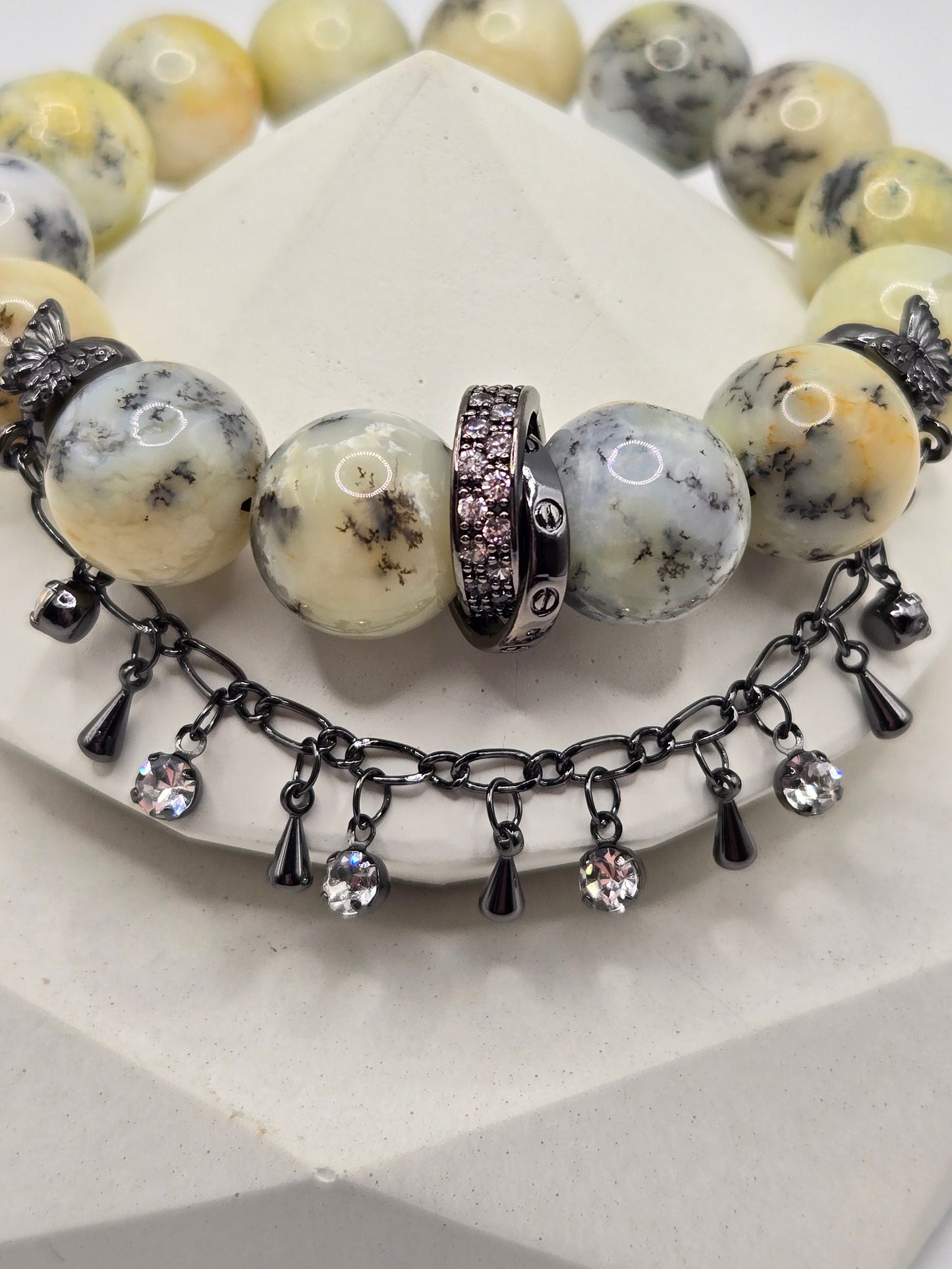 Dendritic Opal Stretch Bracelet with Pale Yellow and Black Tone Accents