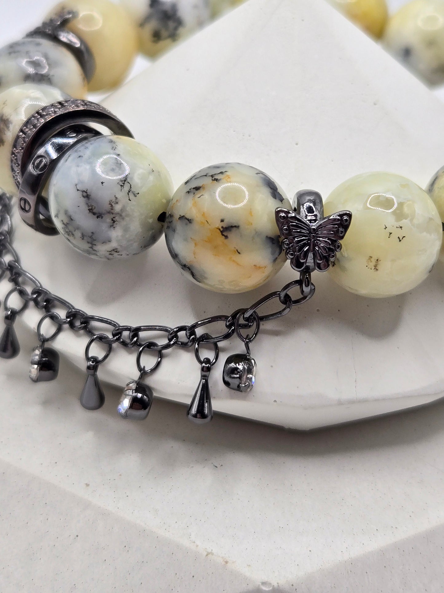 Dendritic Opal Stretch Bracelet with Pale Yellow and Black Tone Accents