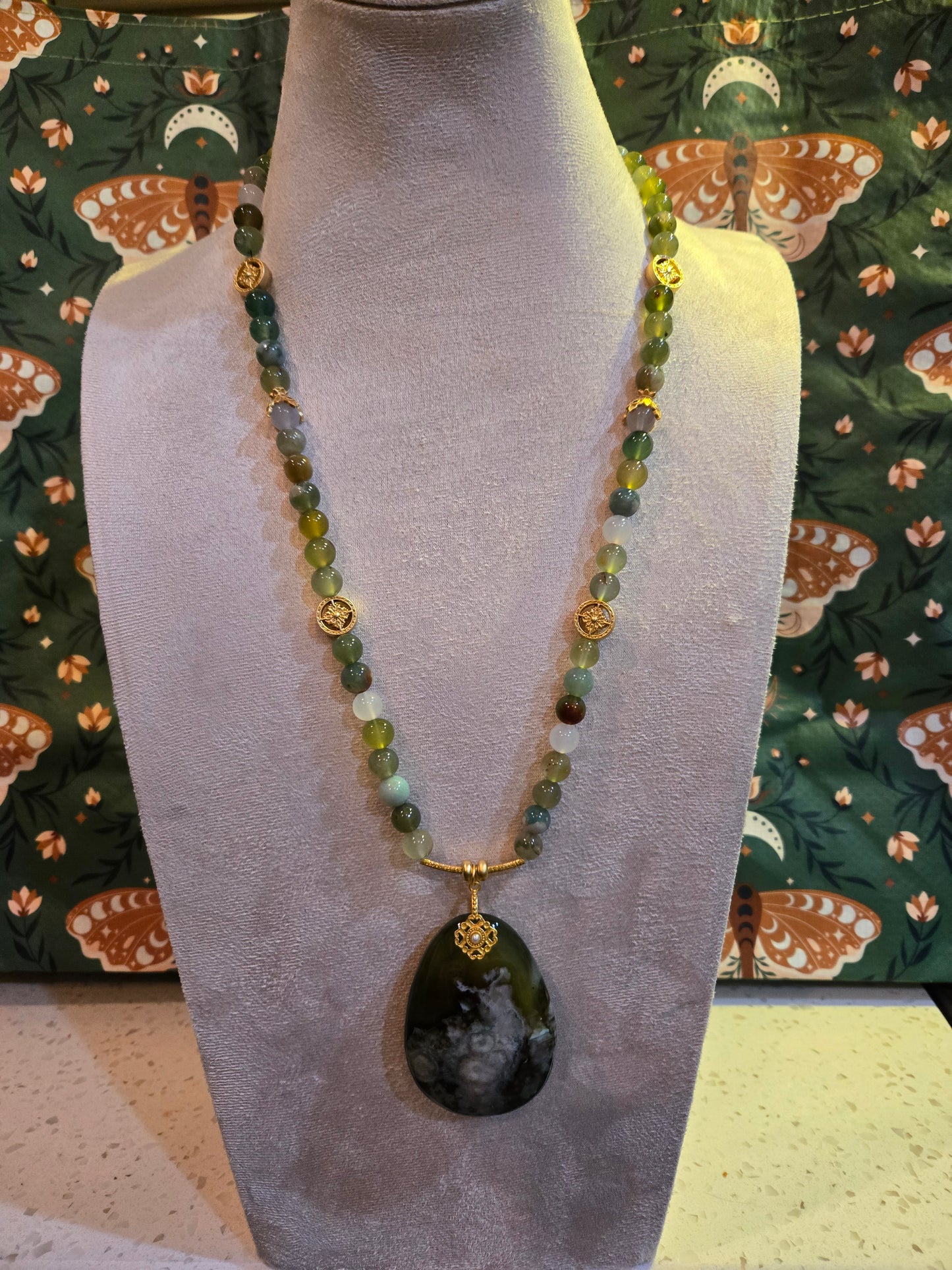 Olive Green Flower Agate Long Necklace