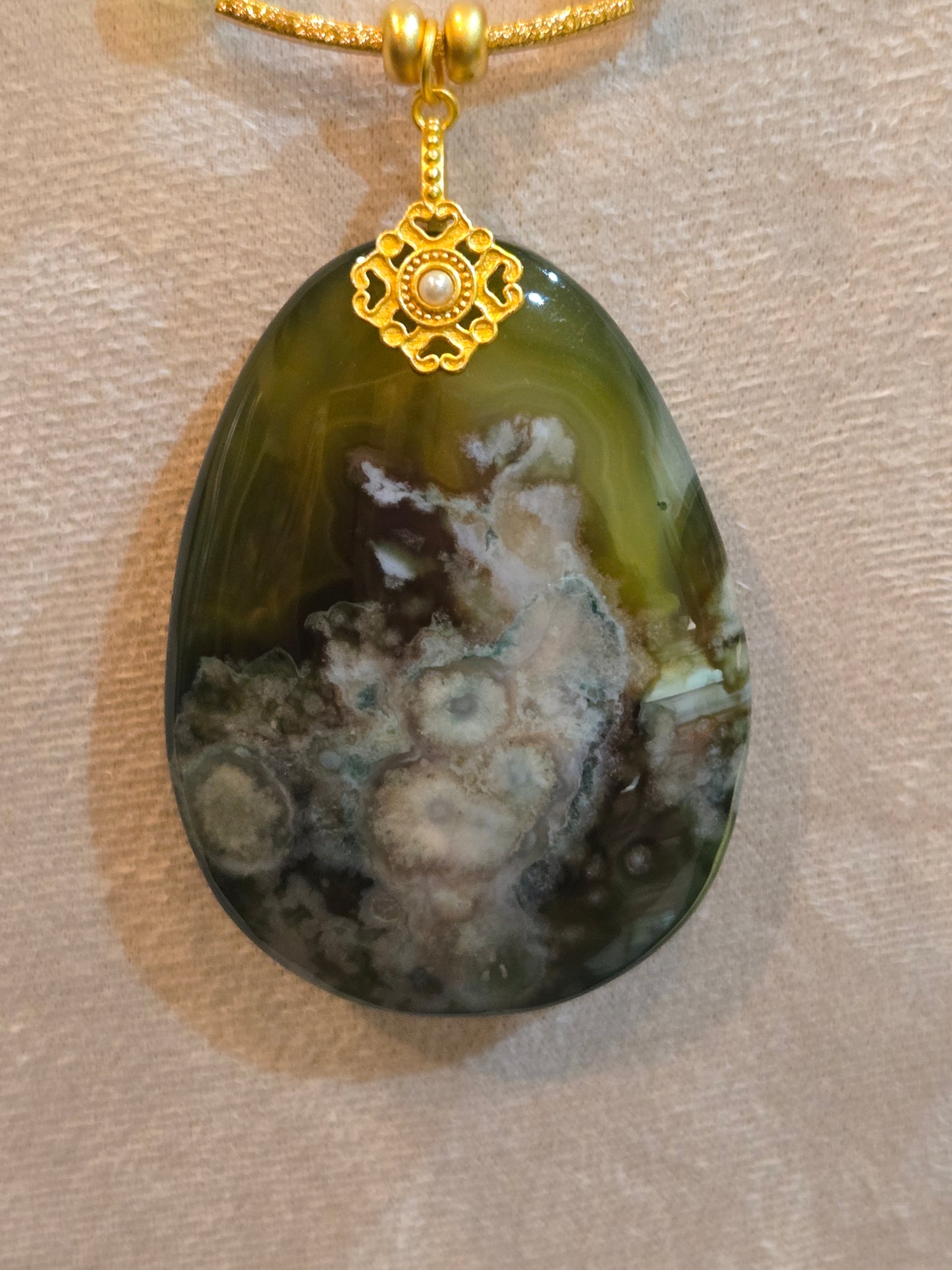Olive Green Flower Agate Long Necklace