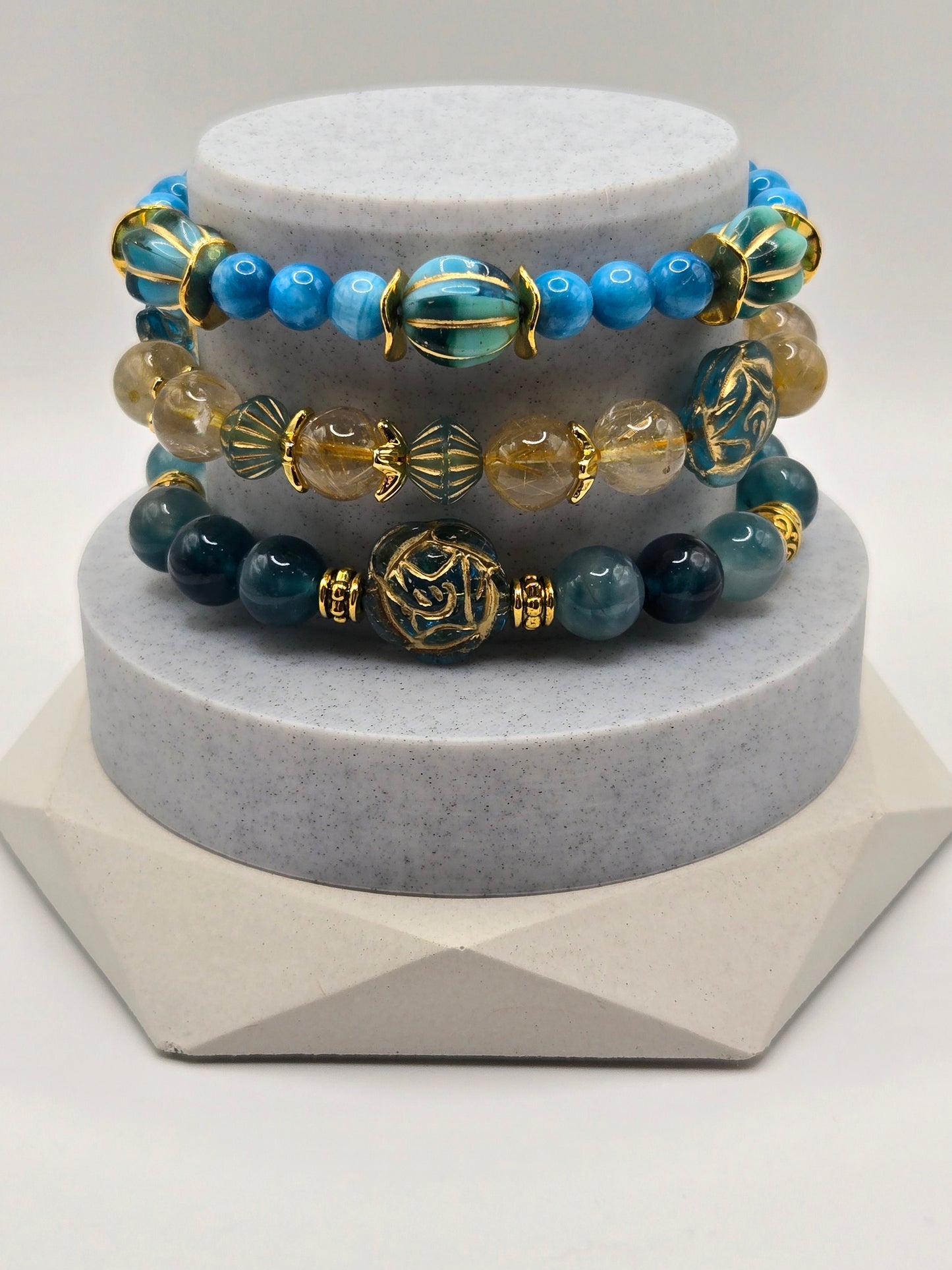 Blue Czech Glass and Golden Rutilated Quartz Stack of 3 Bracelets with Flower and Butterfly Glass Charms