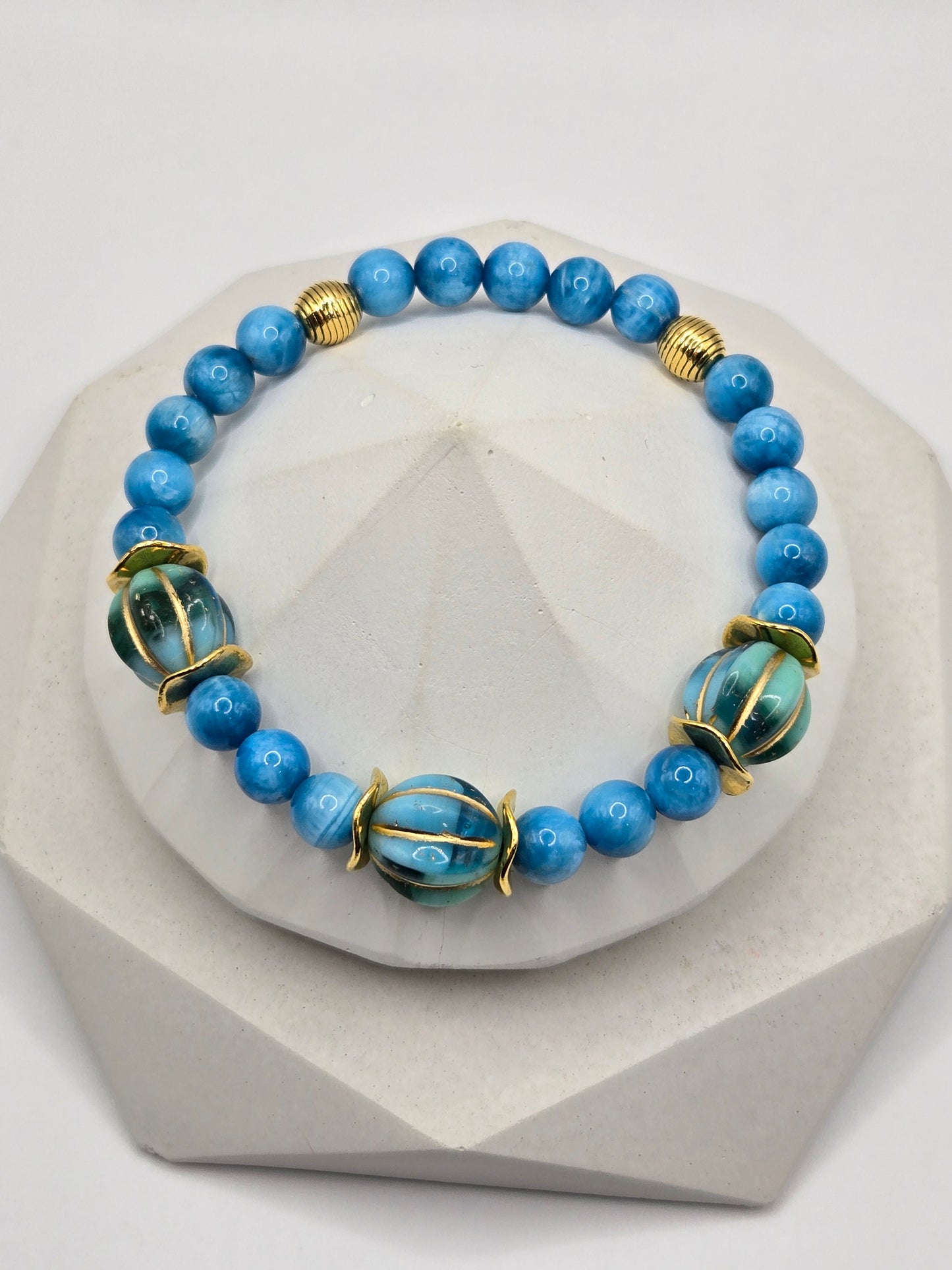 Blue Czech Glass and Golden Rutilated Quartz Stack of 3 Bracelets with Flower and Butterfly Glass Charms