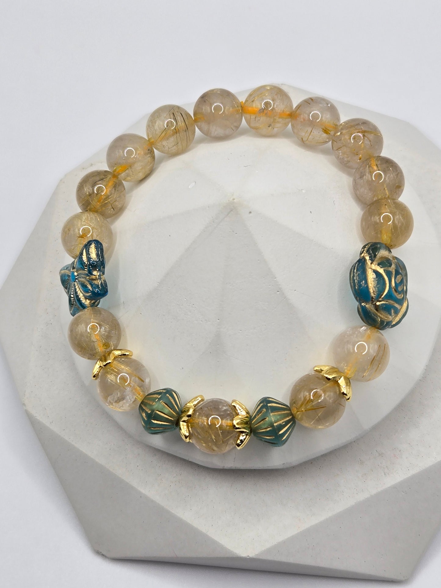 Blue Czech Glass and Golden Rutilated Quartz Stack of 3 Bracelets with Flower and Butterfly Glass Charms