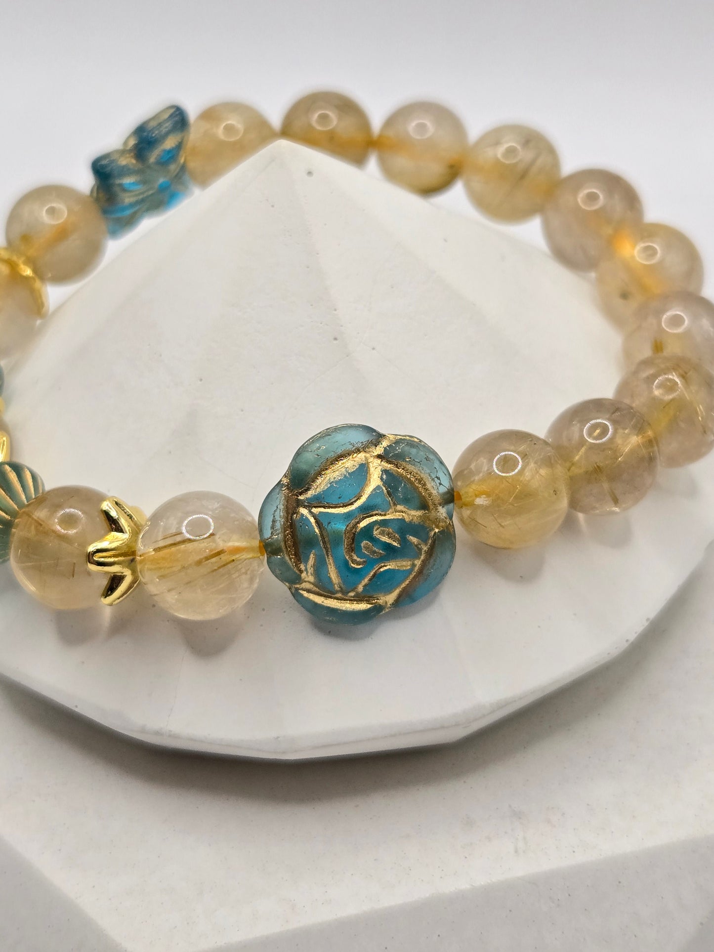 Blue Czech Glass and Golden Rutilated Quartz Stack of 3 Bracelets with Flower and Butterfly Glass Charms