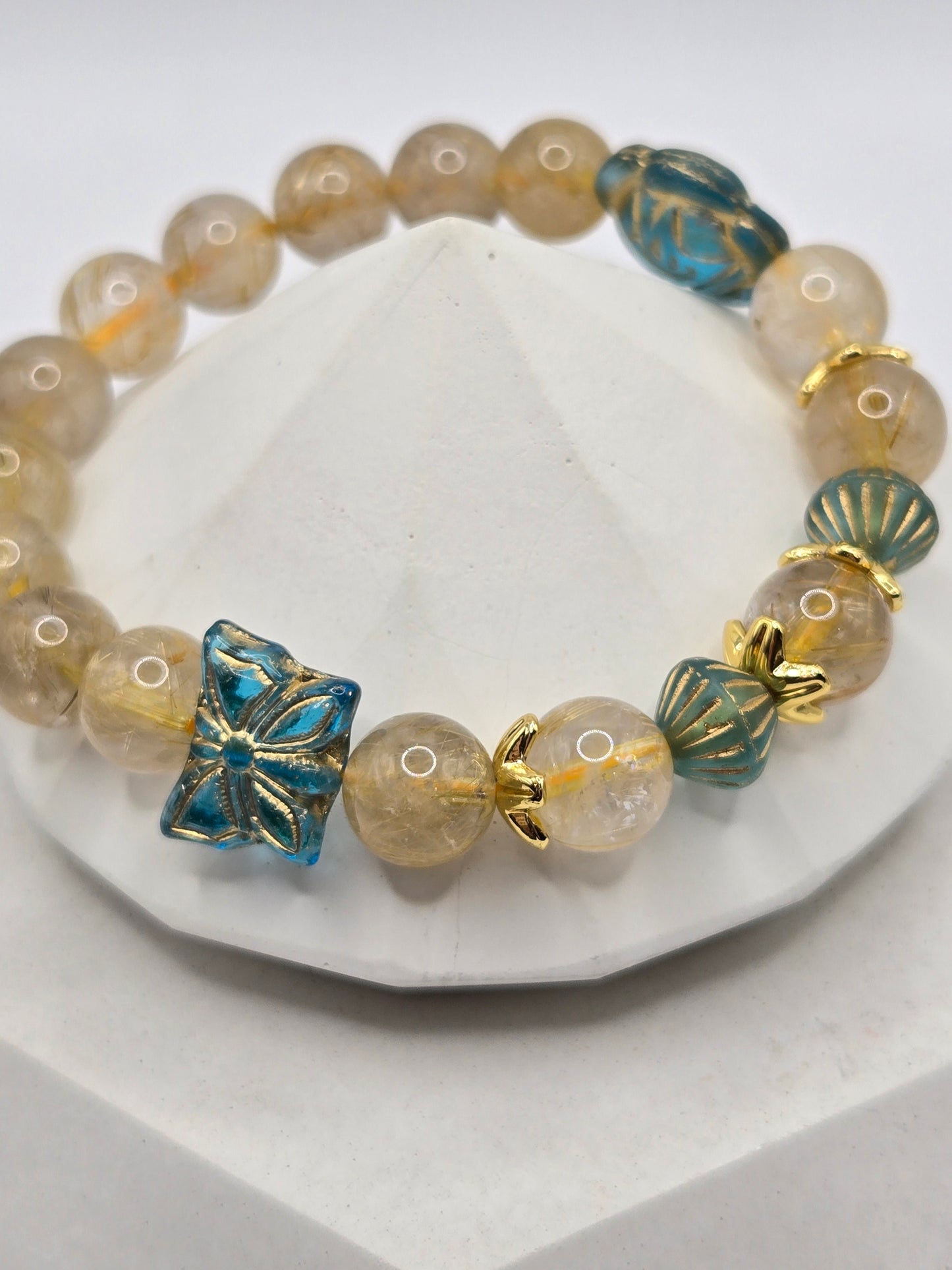 Blue Czech Glass and Golden Rutilated Quartz Stack of 3 Bracelets with Flower and Butterfly Glass Charms