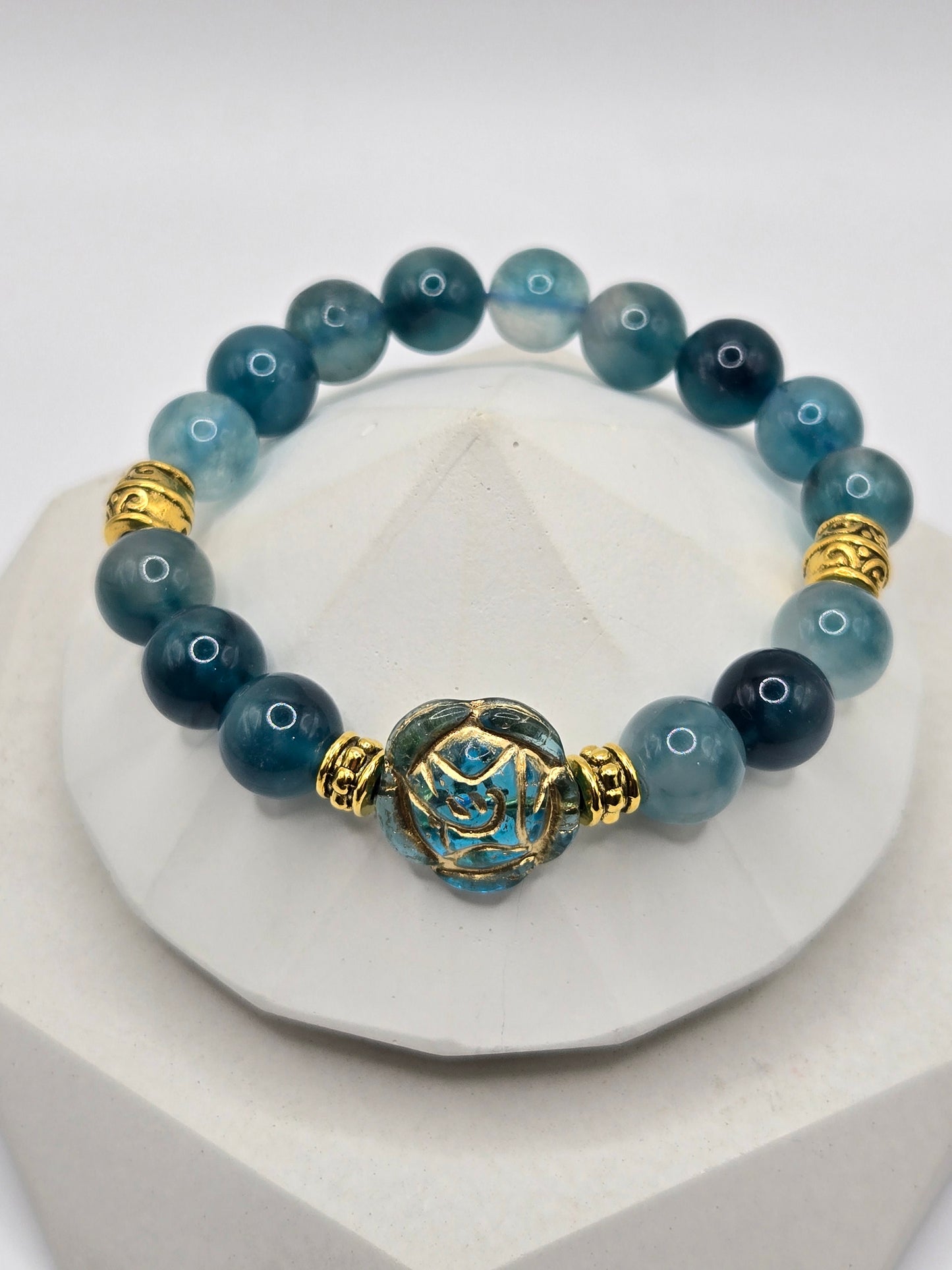Blue Czech Glass and Golden Rutilated Quartz Stack of 3 Bracelets with Flower and Butterfly Glass Charms