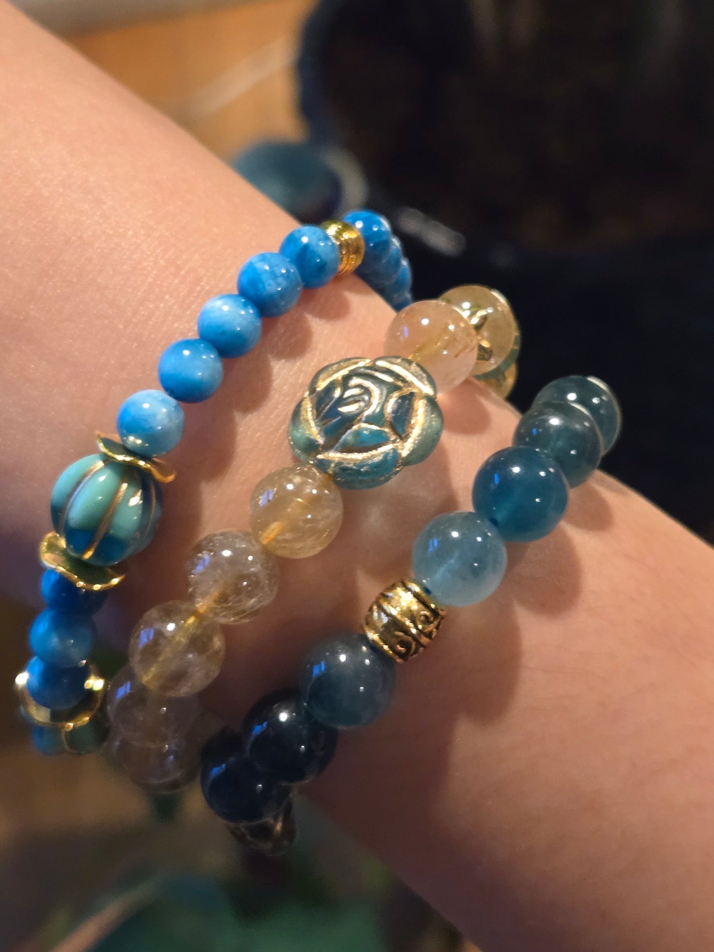 Blue Czech Glass and Golden Rutilated Quartz Stack of 3 Bracelets with Flower and Butterfly Glass Charms