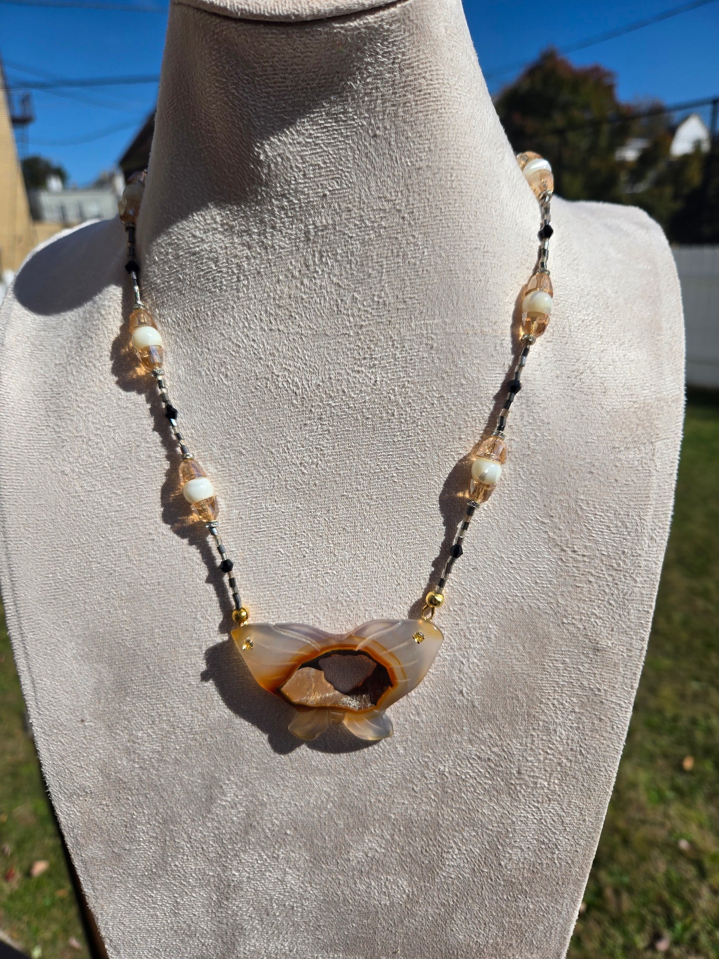 Butterfly Drusy, Shell, and Glass Necklace &amp; Bracelet Set with Black Tourmaline Memory Wire Bracelet