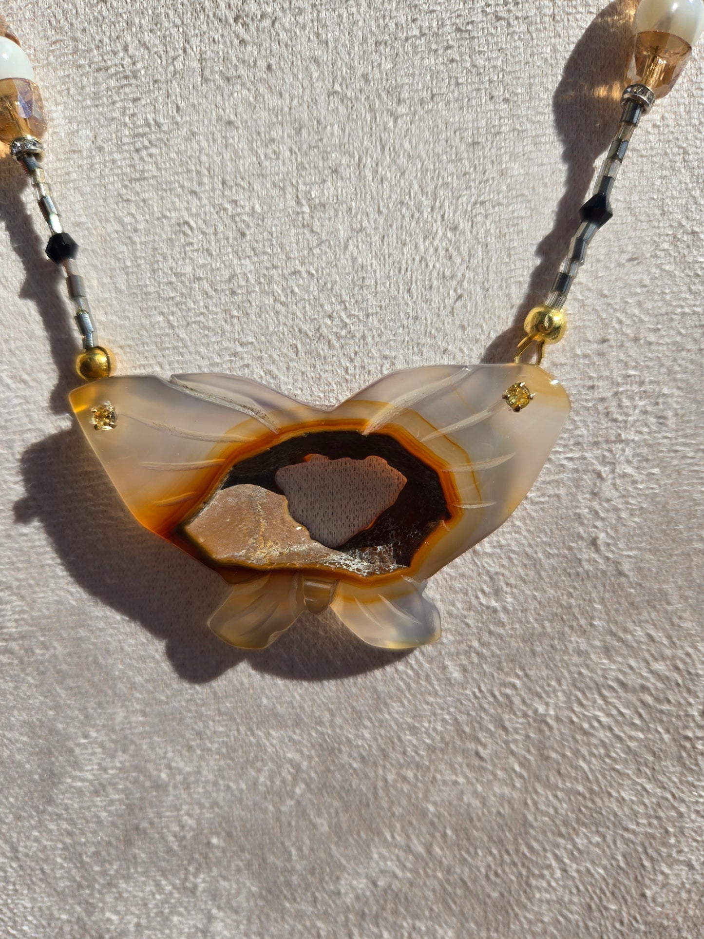 Butterfly Drusy, Shell, and Glass Necklace &amp; Bracelet Set with Black Tourmaline Memory Wire Bracelet