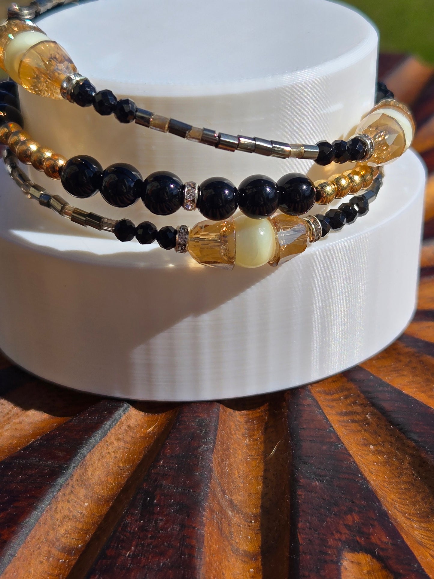 Butterfly Drusy, Shell, and Glass Necklace &amp; Bracelet Set with Black Tourmaline Memory Wire Bracelet