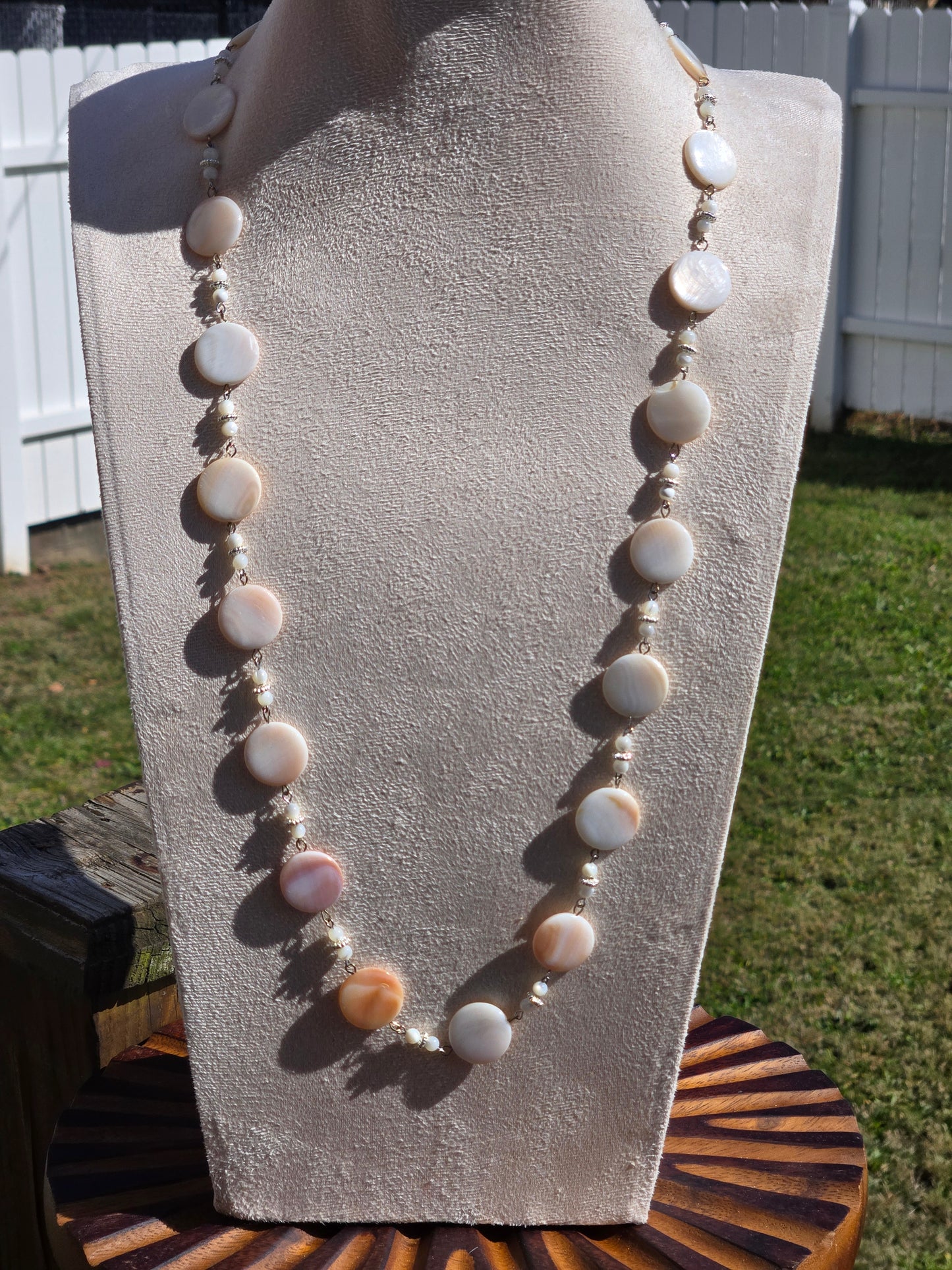 Long White Shell Necklace with Rhinestone Spacers