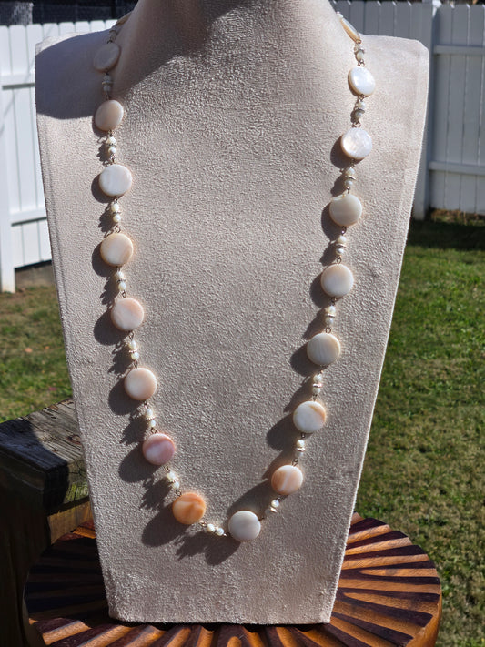 Long White Shell Necklace with Rhinestone Spacers