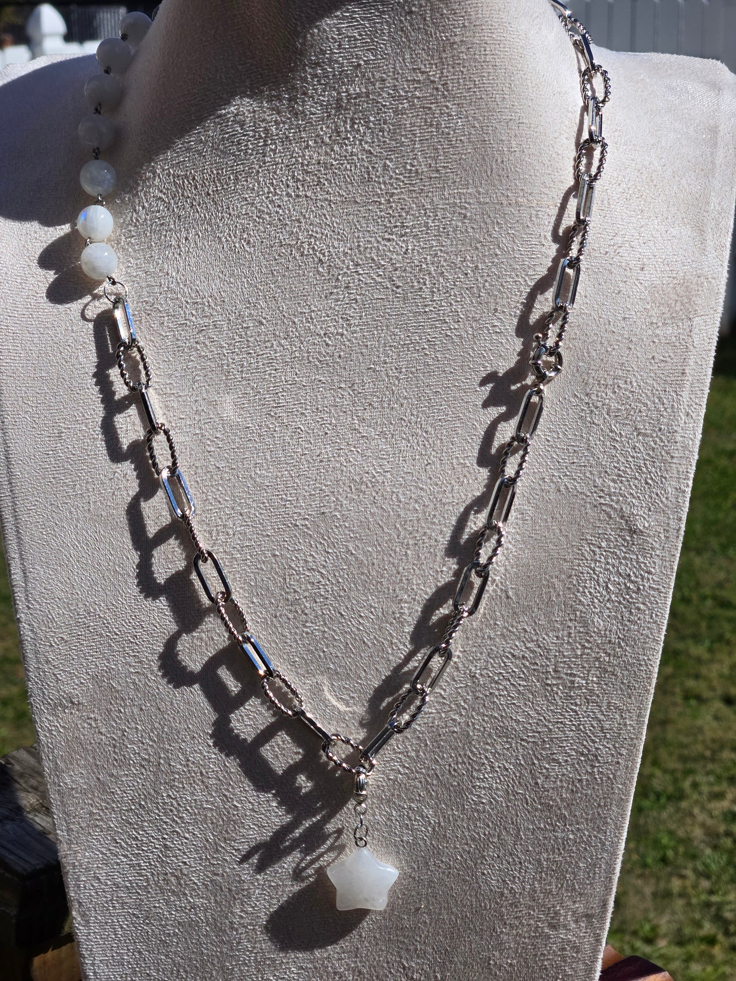 Indian Moonstone Necklace and Bracelet Set with Moonstone Star and Paperclip Chain Accents